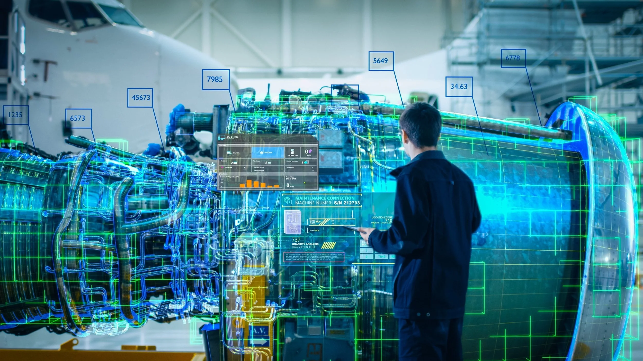 AI image showing a yet engine, with some of its parts transparent (the AI bit) and a technician standing by it .