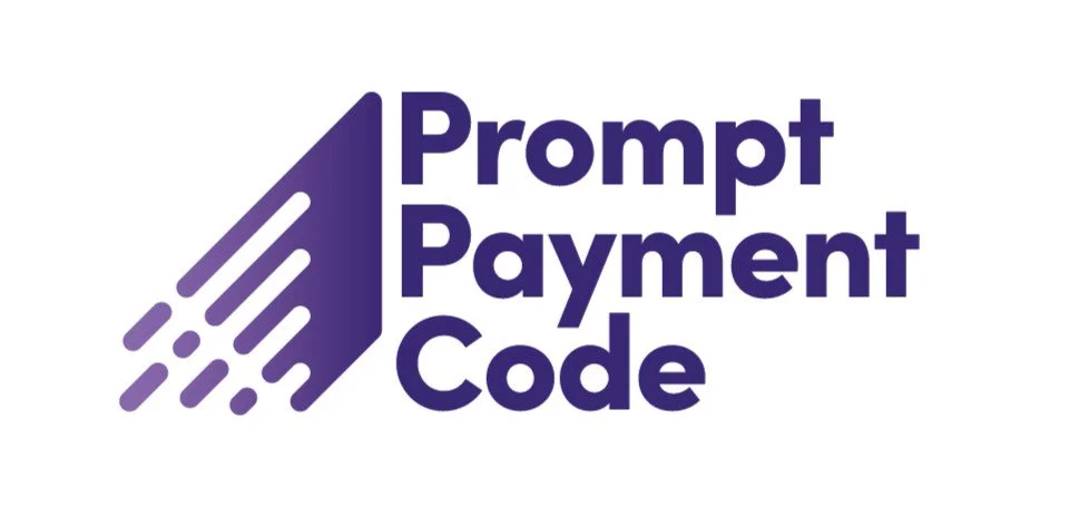 Logo of Prompt Payment Code featuring a stylized arrow with lines indicating motion, and the text 'Prompt Payment Code' in bold purple letters.