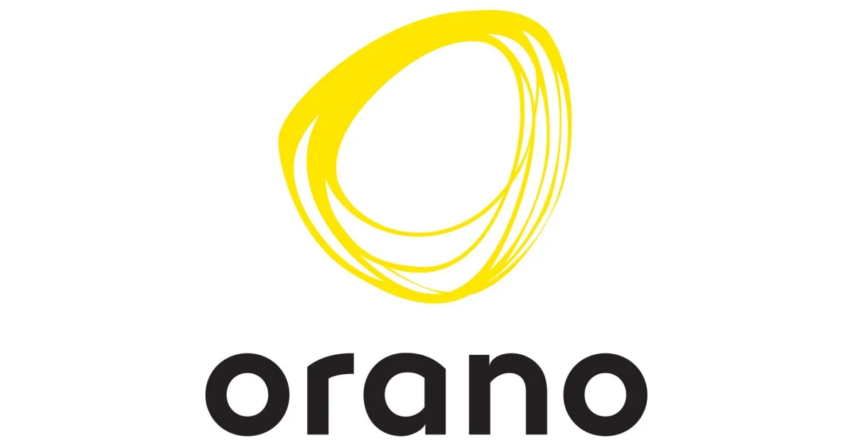 Logo featuring a yellow, abstract, layered oval shape above the word "orano" in lowercase black letters.