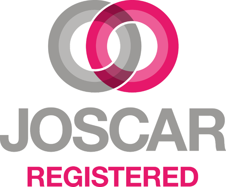 Joscar Registered logo with overlapping pink and gray circles and bold text