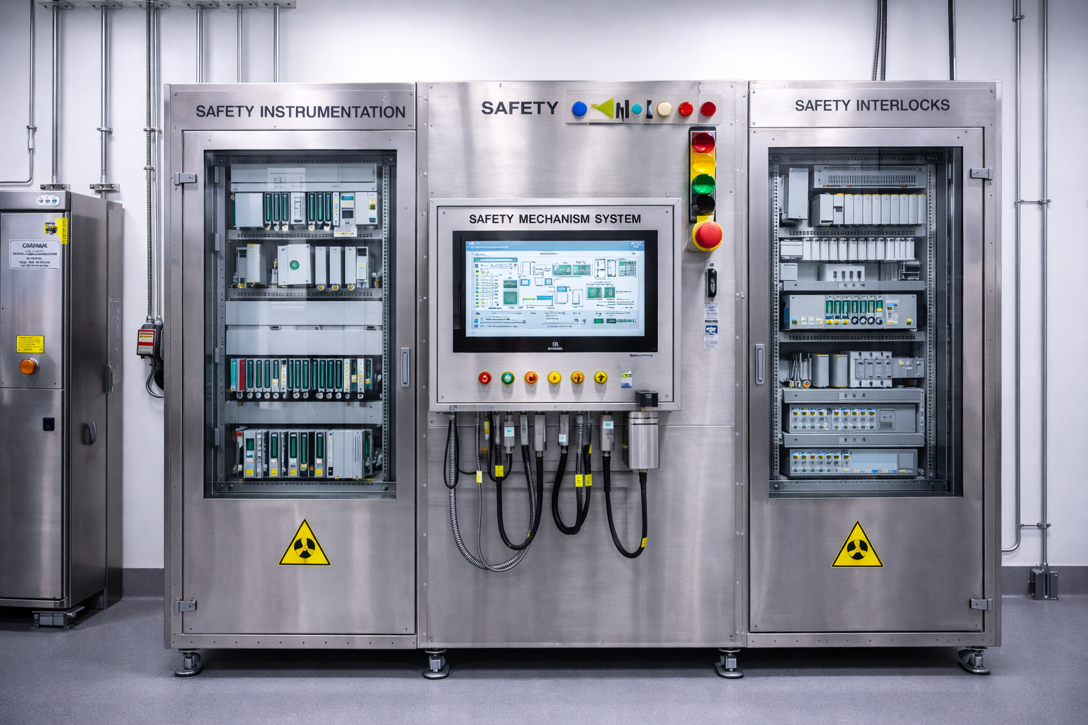 Industrial safety control panel with warning signs, touchscreen display, and electrical components in a laboratory or industrial setting.