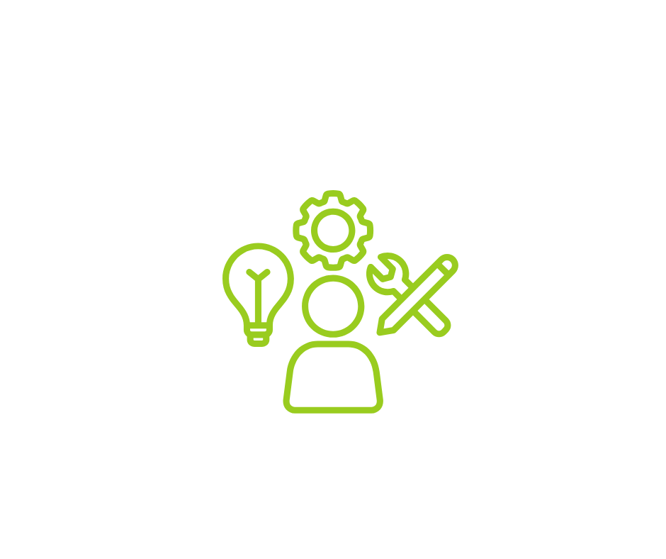 Icon of a person with a lightbulb, gear, and wrench surrounding them, representing ideas and tools.
