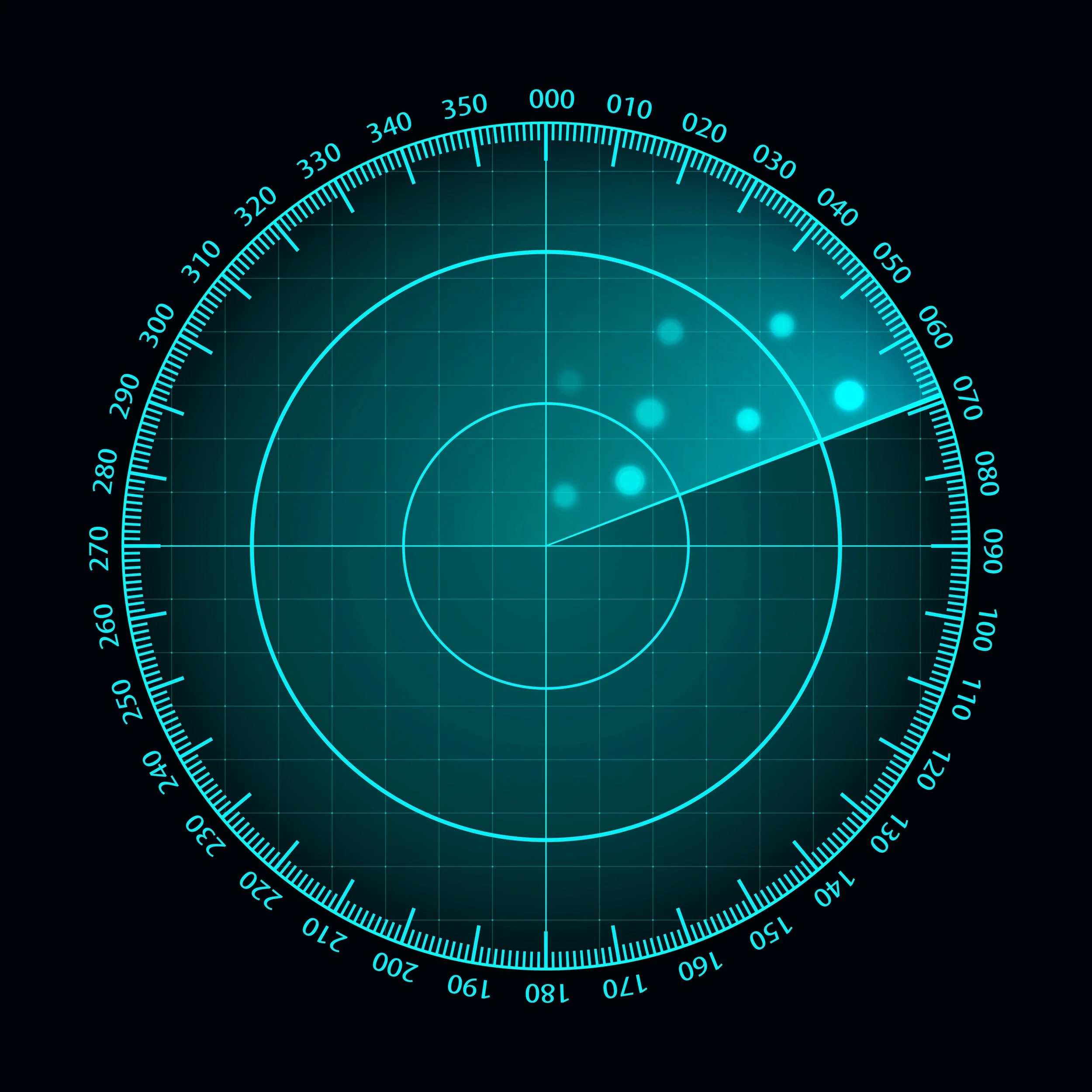 A digital radar screen with bright blue dots representing detected objects or targets, over a black background.
