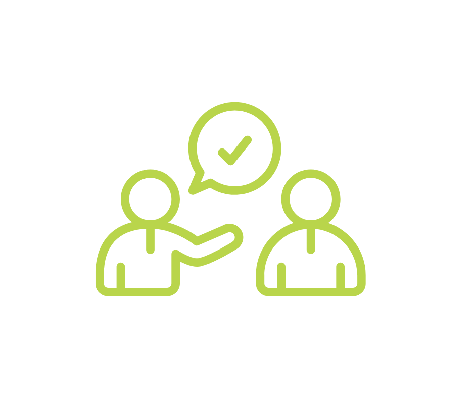 Line drawing of two people in conversation, with one person speaking and a speech bubble containing a check mark.