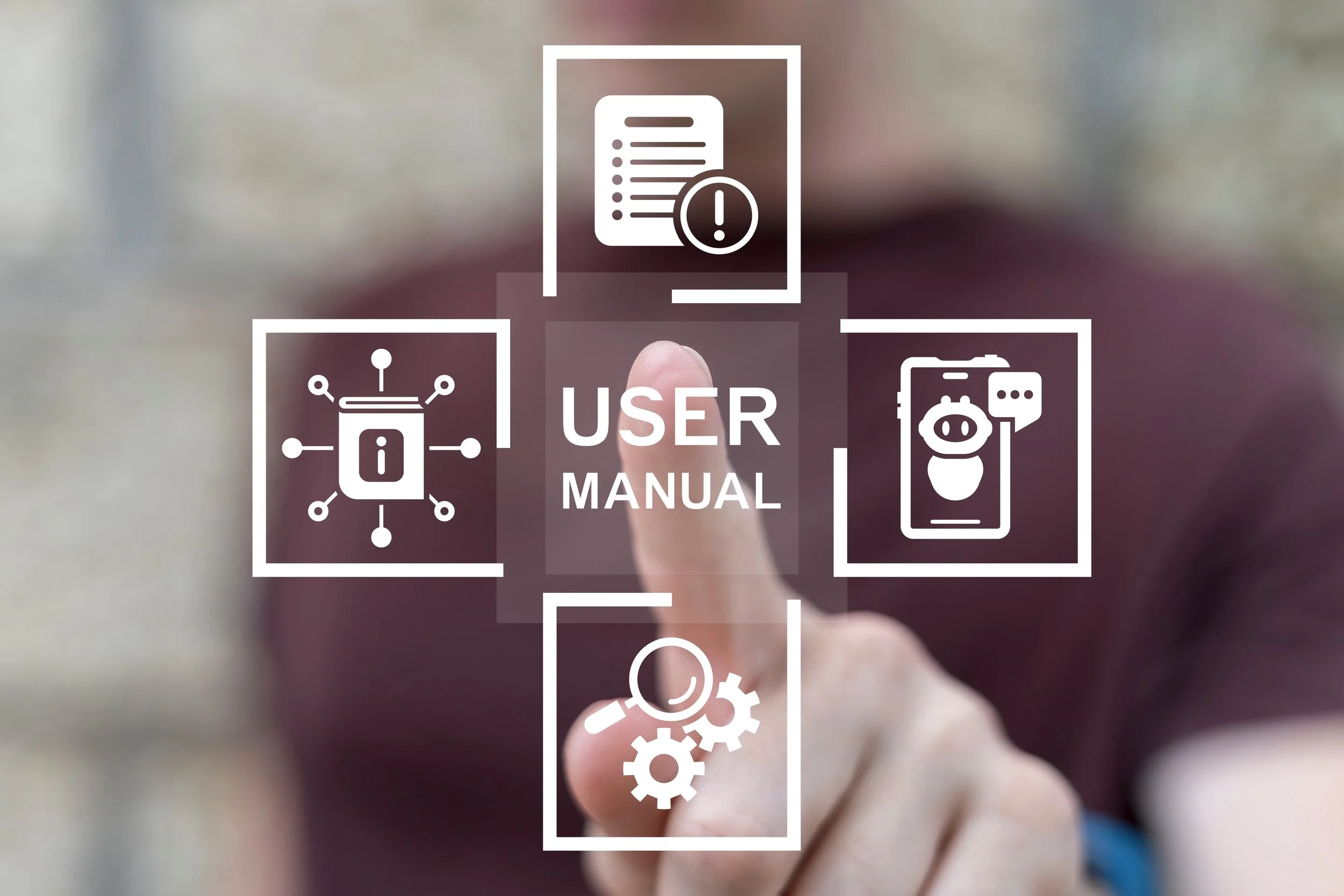 Close-up of a finger touching a transparent digital interface with icons for user manual, information, settings, and chat, over a blurred background.