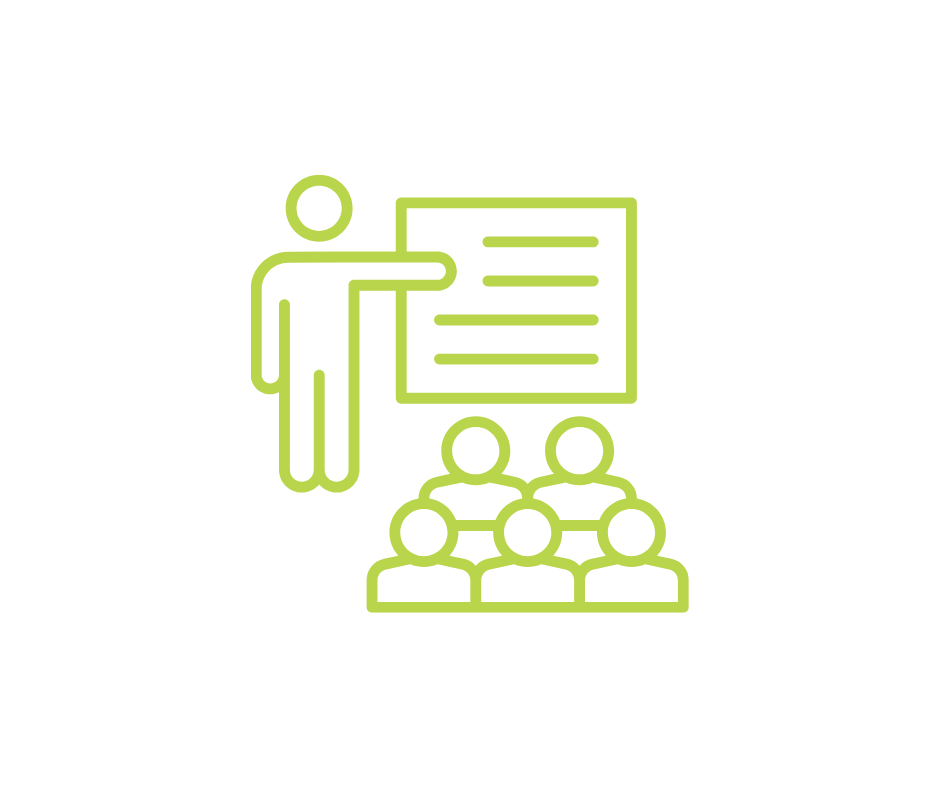 Line drawing of a person pointing at a presentation board with four bullet points, in front of an audience of five people.