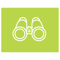 White binocular icon on Delkia green background