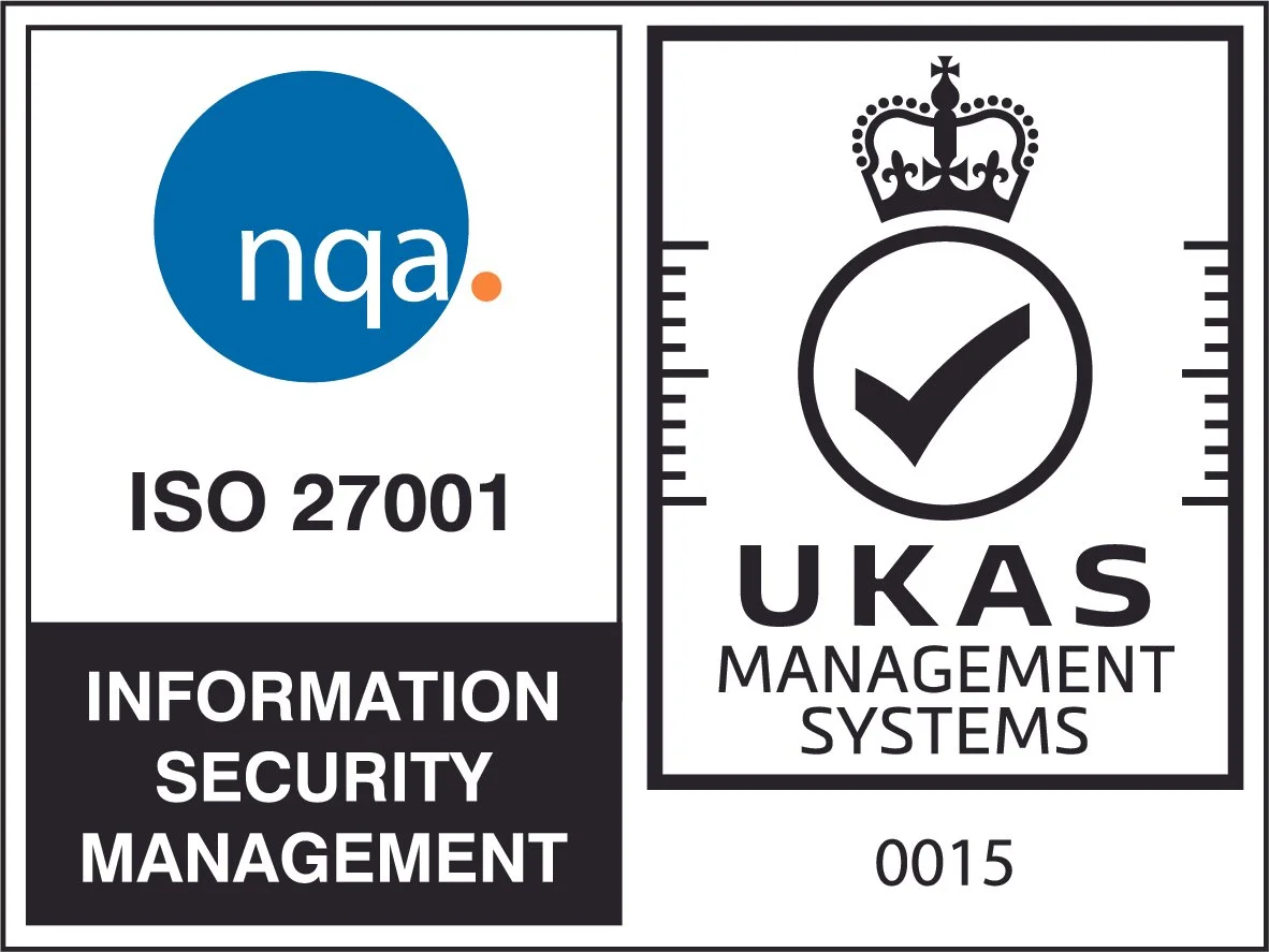Black, blue and white ISO 27001 logo featuring a crown , tick and the  nqa logo (a blue circle).