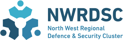 Logo of NWRDSC North West Regional Defence & Security Cluster with a stylized blue geometric shape.