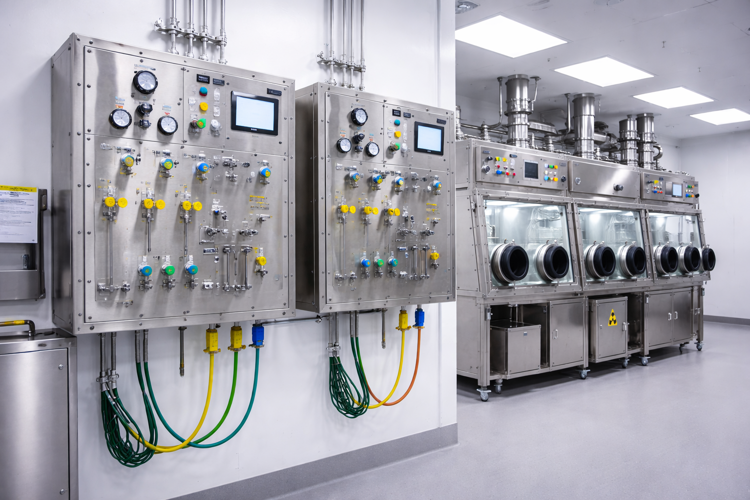 Industrial cleanroom with stainless steel laboratory equipment, including control panels and a fume hood with glove ports.