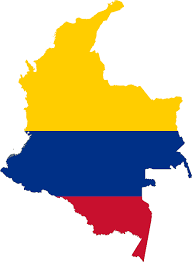 Outline map of Colombia with the national flag colors: yellow on top, blue in the middle, and red at the bottom.