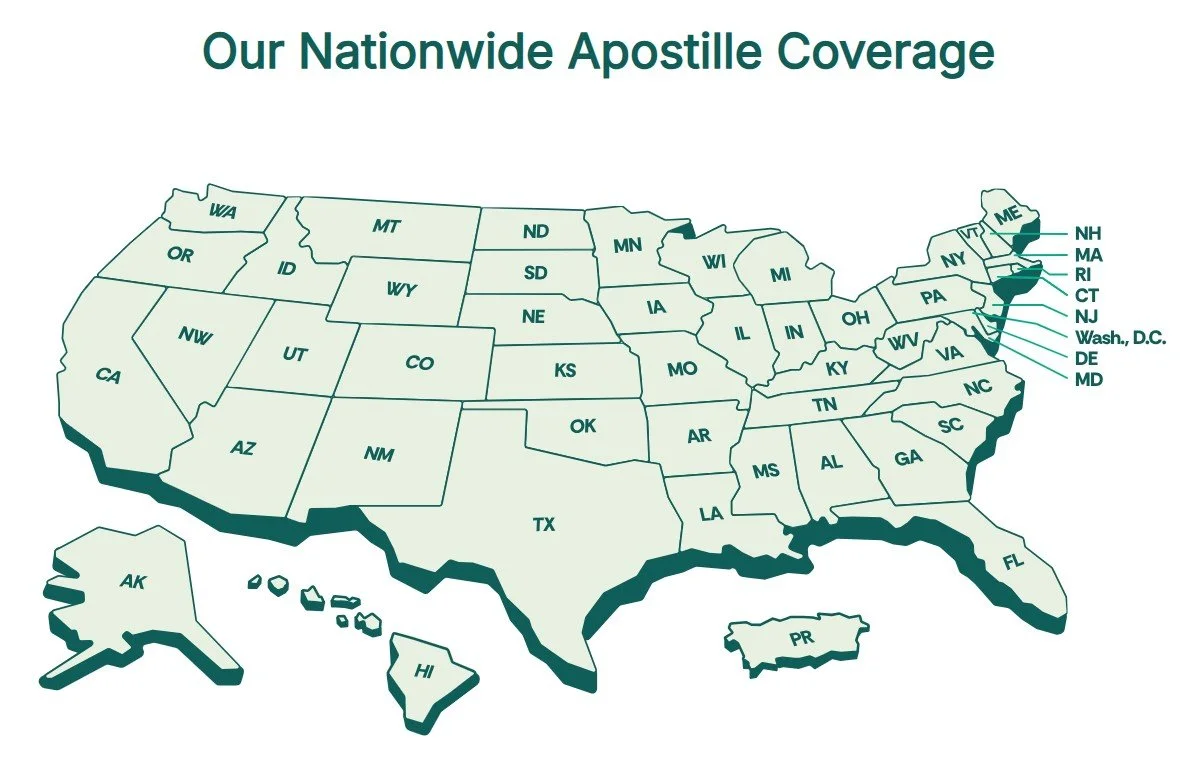 A map of the United States highlighting states with nationwide apostille coverage, including all states and the District of Columbia.
