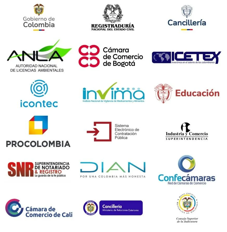 Collection of logos from various Colombian government agencies and institutions, including the Government of Colombia, Civil Registry, Ministry of Foreign Affairs, ANLA, Bogotá Chamber of Commerce, SIC, Invima, Education, ProColombia, Public Procurement System, Industry and Commerce, Superintendence of Notaries, DIAN, Confecámaras, Cali Chamber of Commerce, and the Superior Council of the Judiciary.