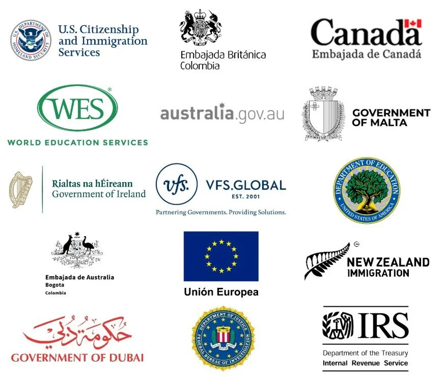 A collection of logos from various government and immigration agencies including U.S. Citizenship and Immigration Services, the British Embassy in Colombia, the Canadian Embassy, World Education Services, the Government of Malta, the Irish Government, VFS Global, the European Union, the New Zealand Immigration, the Dubai Government, the FBI, and the IRS.