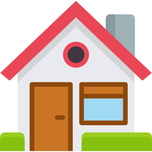 Cartoon illustration of a house with a brown door, a window, a red roof, and green bushes in front.