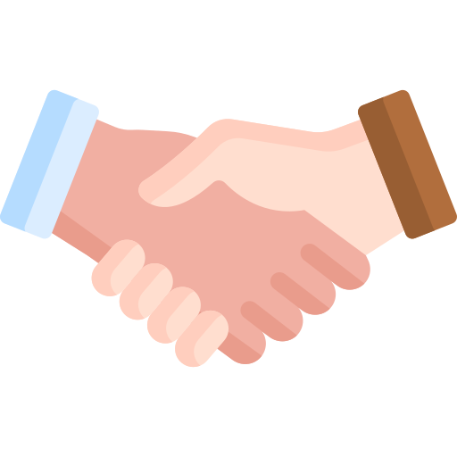 Illustration of two people shaking hands, one with a blue sleeve and the other with a brown sleeve.