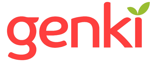 The logo features the word "Genki" in red lowercase letters with a green leaf attached to the letter 'i'.