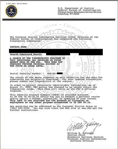 A fingerprint request form from the U.S. Department of Justice, Federal Bureau of Investigation, for criminal background check, with sections for subject's name, Social Security number, and fingerprinting details, signed by William G. McKinney, Section Chief.