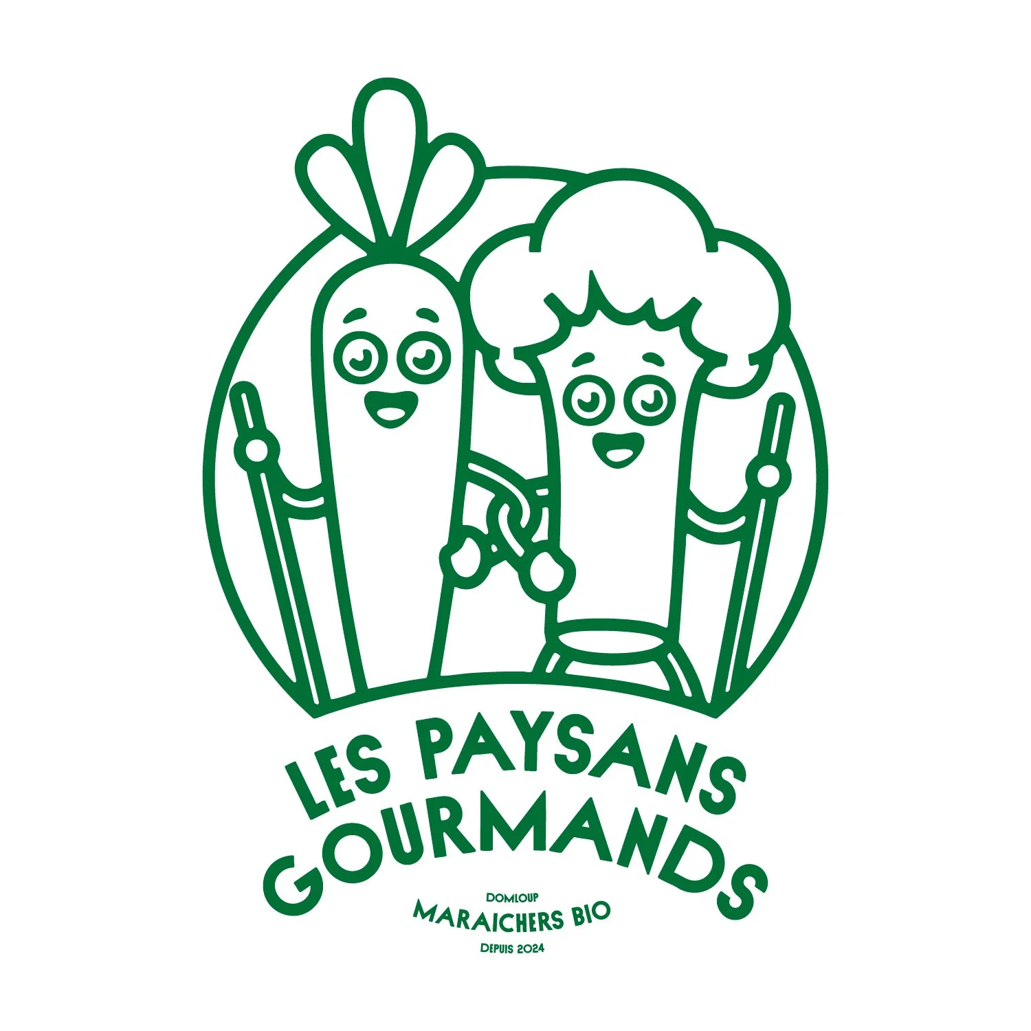 Logo de deux personnages de légumes, une carotte et un brocoli, souriants, tenant des outils, avec le texte "Les Paysans Gourmands, Maraîchers Bio, Depuis 2024".