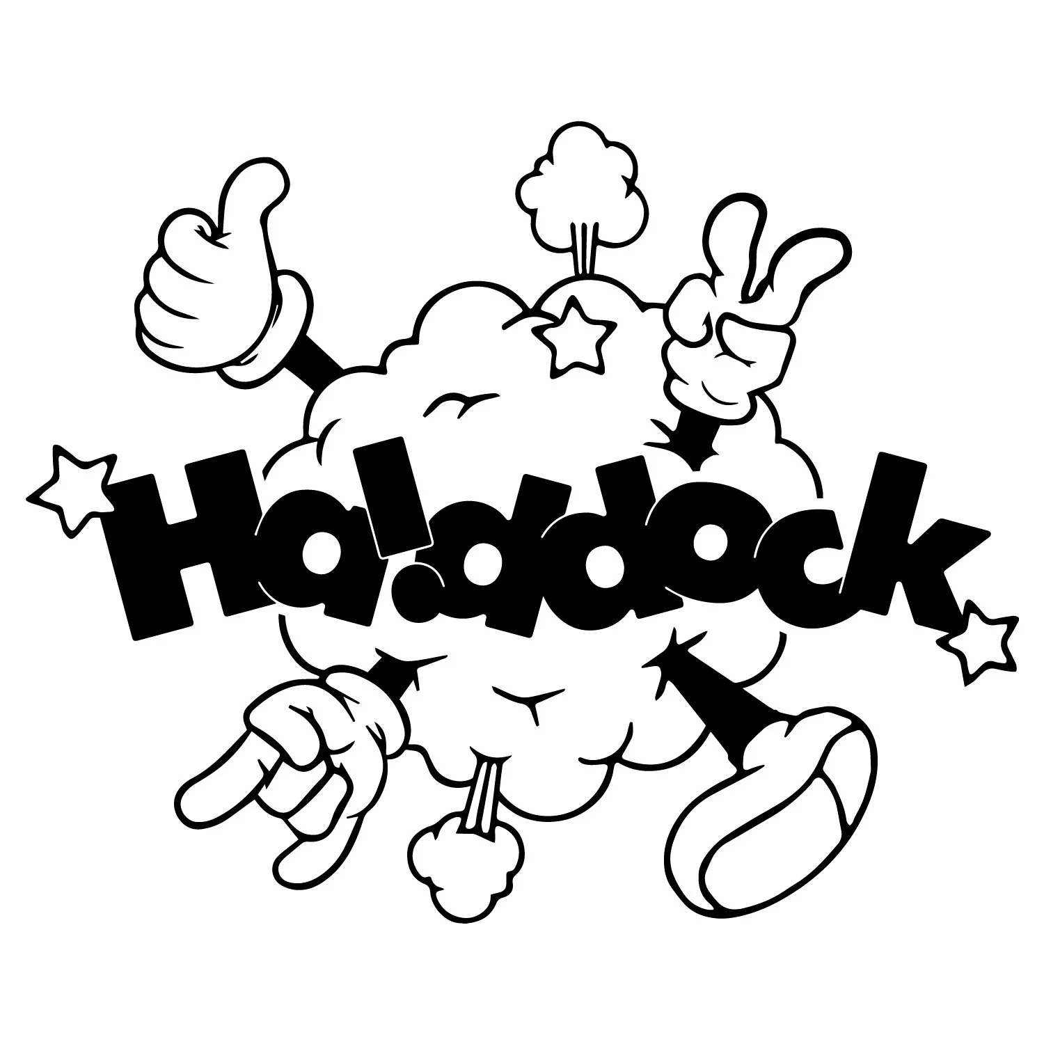 Une illustration en noir et blanc d'une explosion souriante avec deux mains faisant le signe de la paix, une main faisant un signe de pouce levé, et la parole 'hahaha' intégrée dans l'explosion.