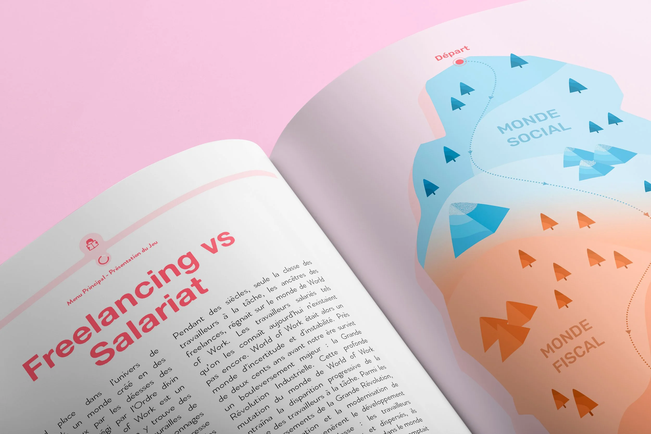 Page d'un livre avec un graphique représentant deux mondes, le monde social et le monde fiscal, avec des flèches orange et bleues indiquant des mouvements ou des relations entre eux.