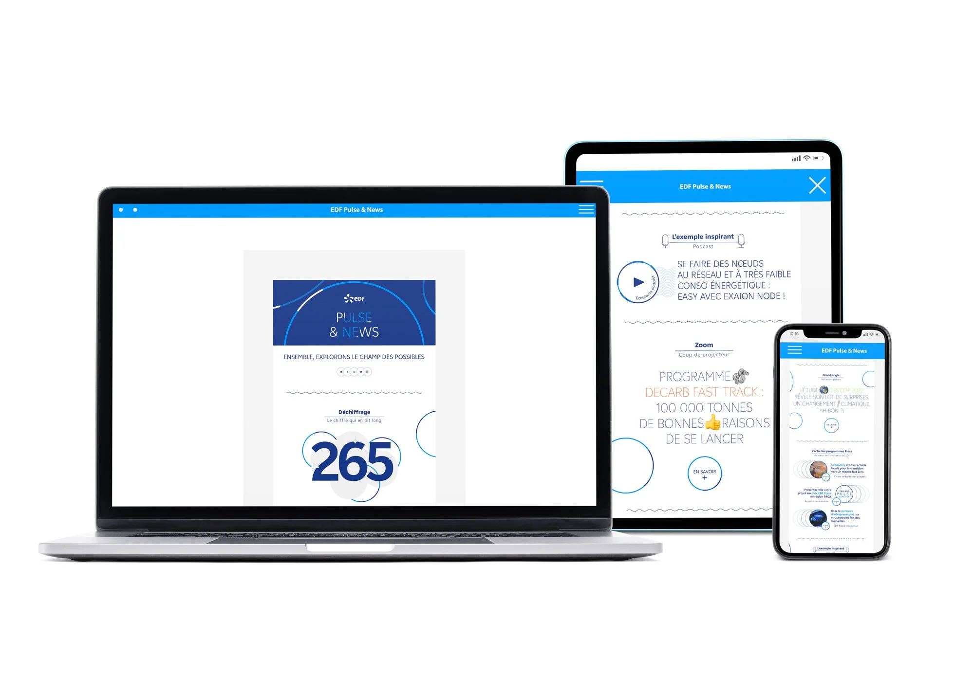 Capture d'écran de programmes et actualités sur des appareils électroniques, notamment un ordinateur portable, une tablette et un smartphone, affichant des contenus liés à EDF Pulse & News.