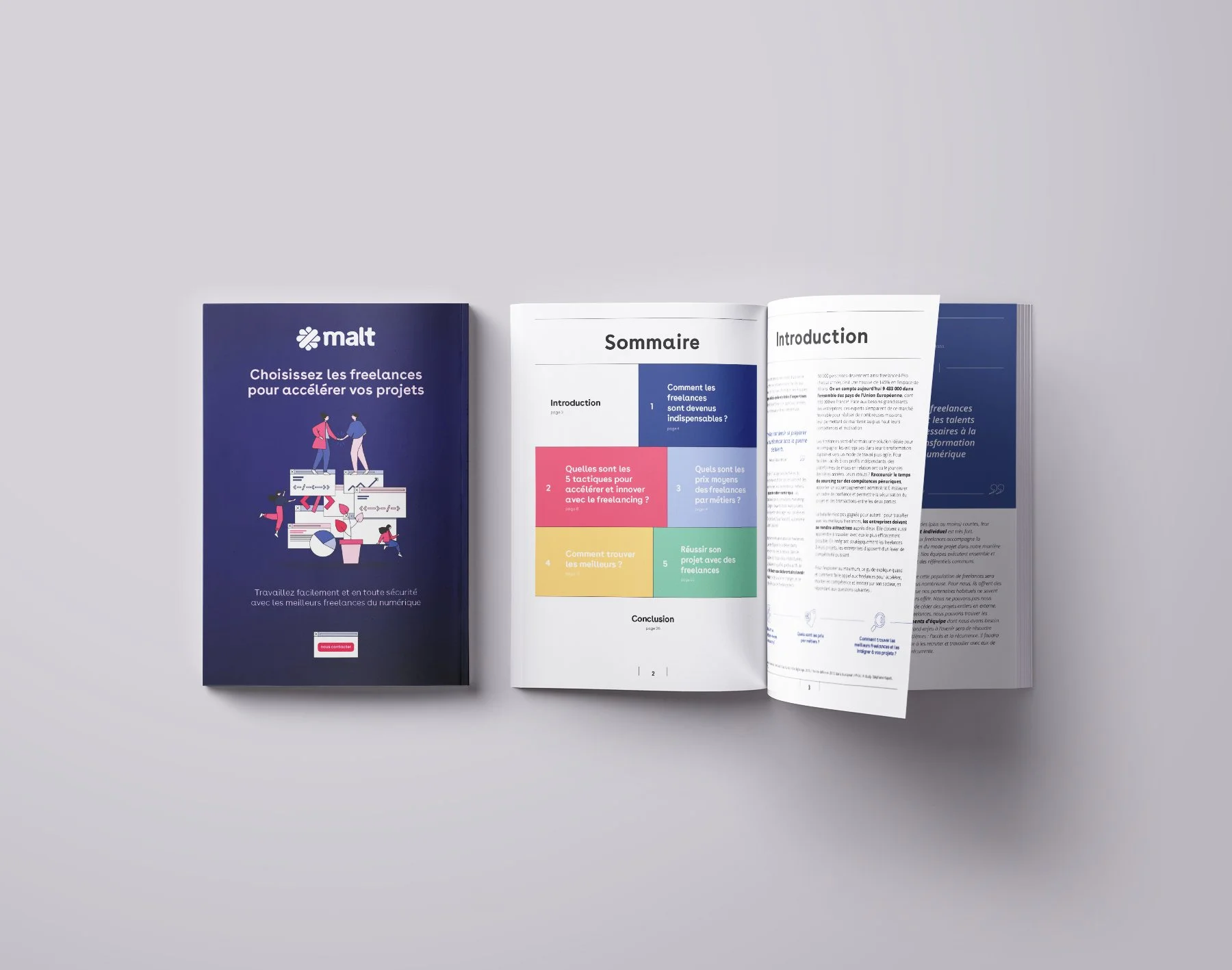 Un guide sur le freelancing, avec une couverture bleue et un plan pour un guide étape par étape sur l'entrepreneuriat indépendant.