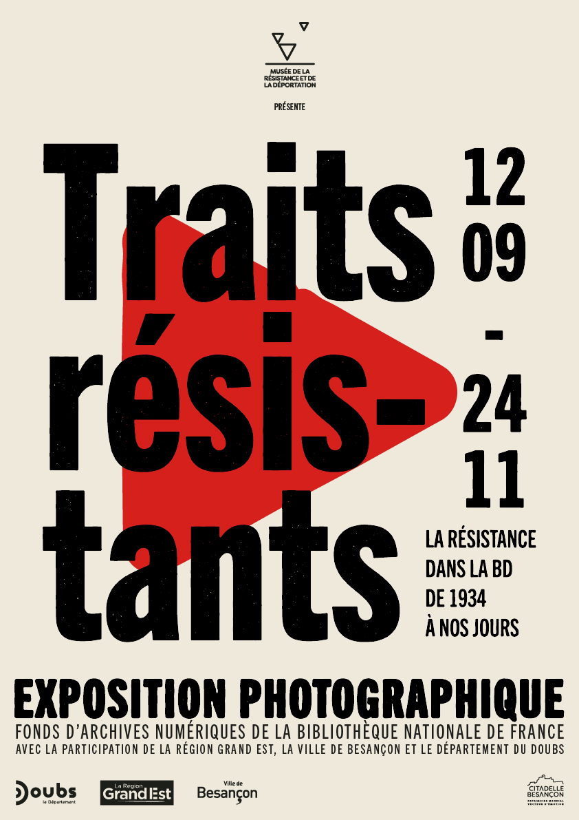 Affiche d'une exposition photographique sur la résistance et la déportation, avec la date du 12 septembre au 24 novembre, présentant une résistance dans la bande dessinée de 1934 à nos jours.