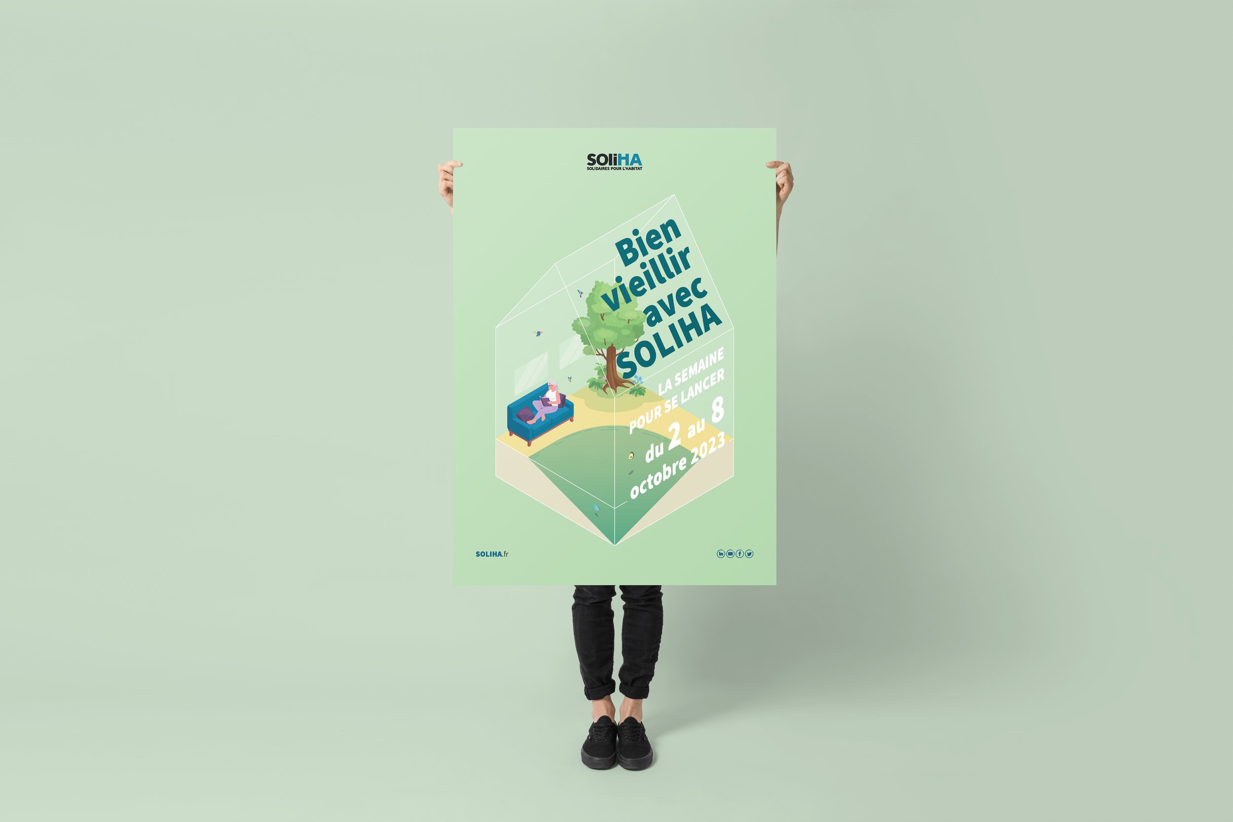 Affiche publicitaire annonçant une semaine dédiée au bien vieillir avec SOLIHA, du 2 au 8 octobre 2023, avec une illustration d'une personne assise sur un canapé sous un arbre.