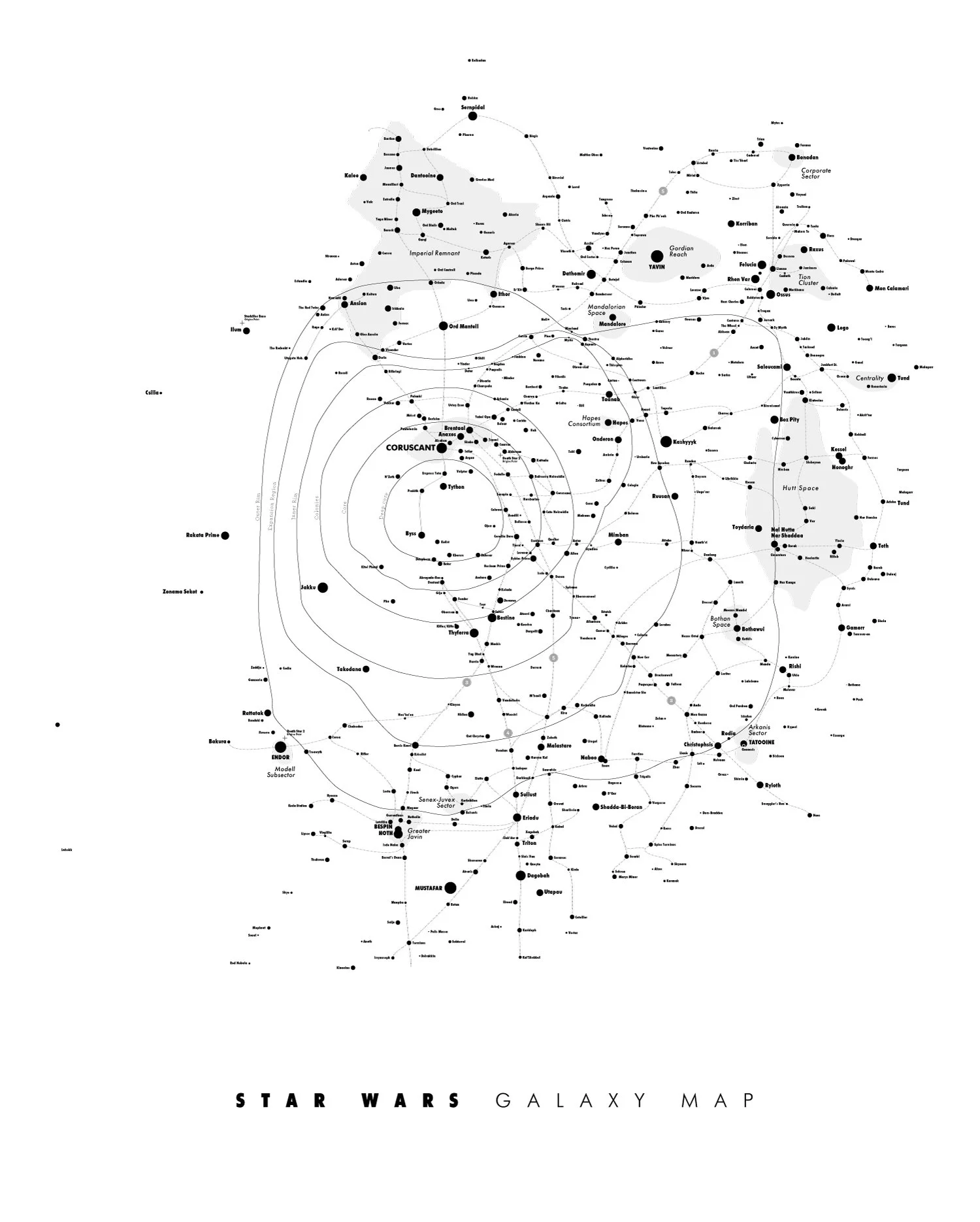 Carte de la galaxie de Star Wars en noir et blanc avec noms de planètes et systèmes stellaires.