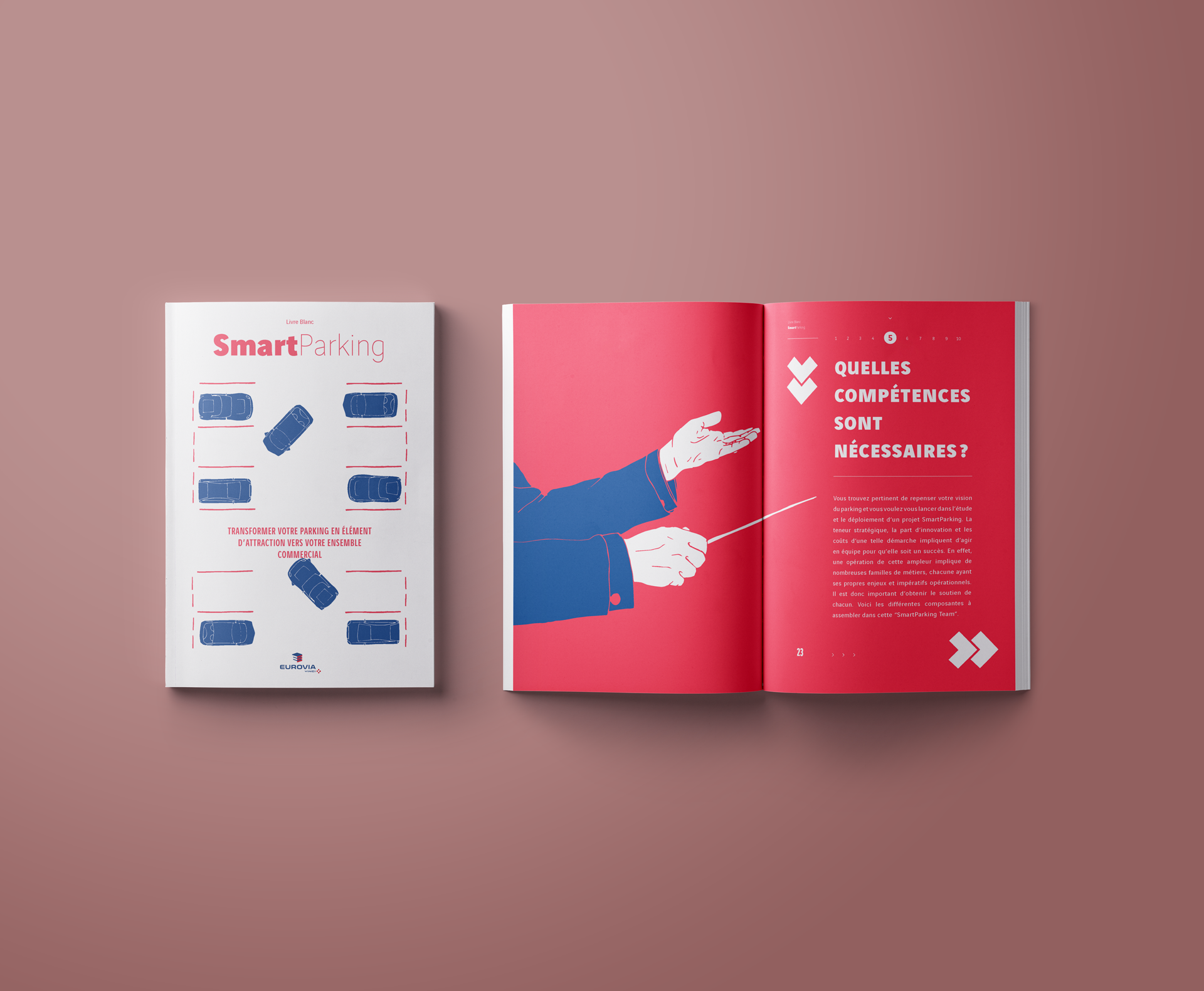 Couvreture de brochure avec l'intitulé "Smart Parking" et une illustration de voitures dans un parking, à gauche. À droite, une page avec une question en gras "Quelles compétences sont nécessaires ?" et une illustration d'une main pointant, avec un t