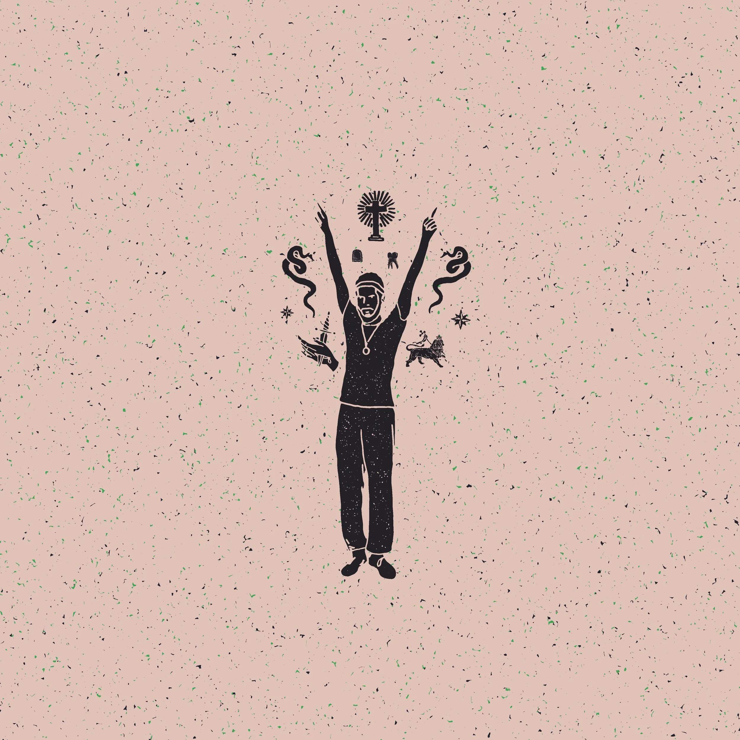 Illustration d'une personne avec des bras levés, entourée d'éléments symboliques comme une croix, une étoile, un animal et des serpents, sur un fond rose avec des éclaboussures de couleur vert et noir.