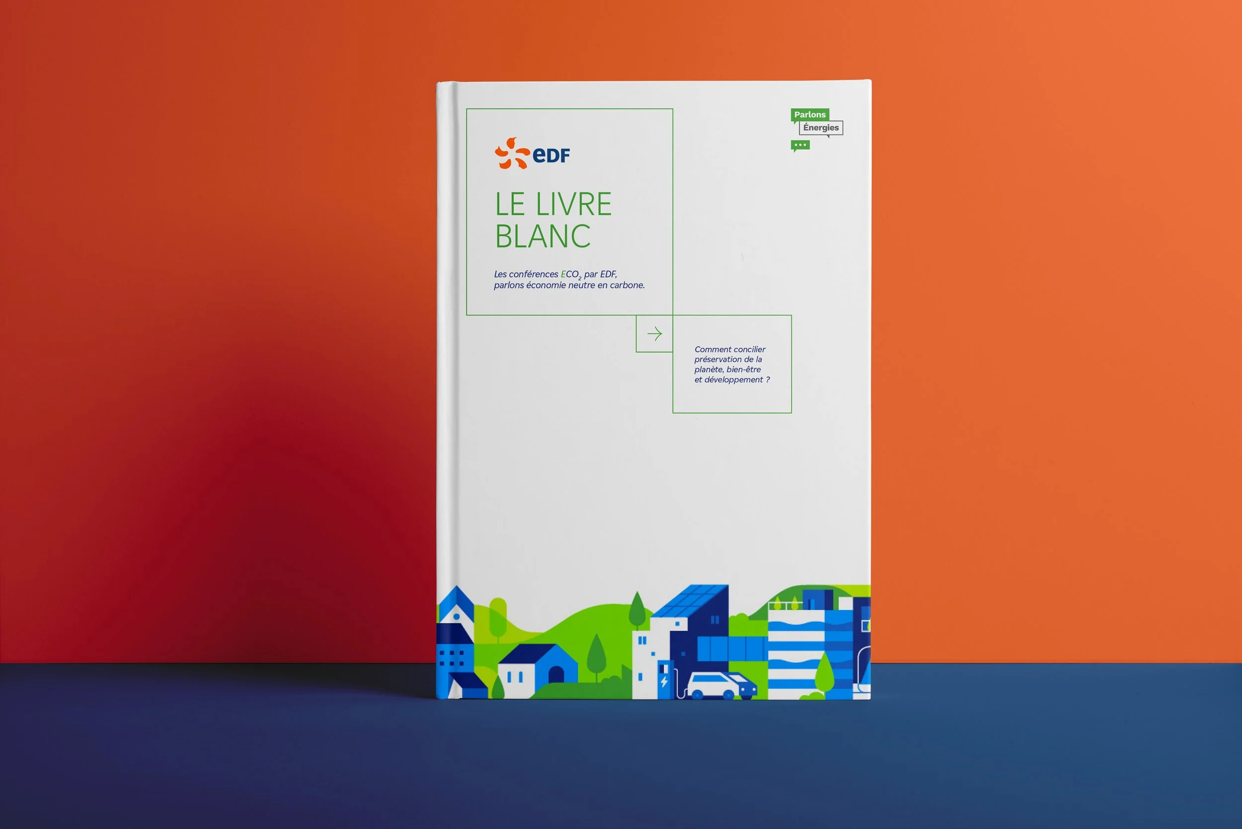 Couverture du livre blanc d'EDF sur le climat, avec illustrations de bâtiments et de nature, en couleurs bleue, verte et blanche.