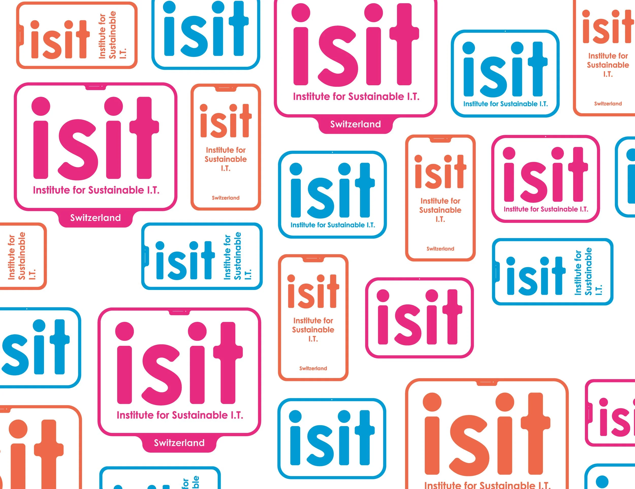 Motifs de logos variés pour l'Institut pour une Informatique Durable (isit) en bleu, rose et orange, avec le texte 'Institute for Sustainable I.T.' et 'Switzerland'.