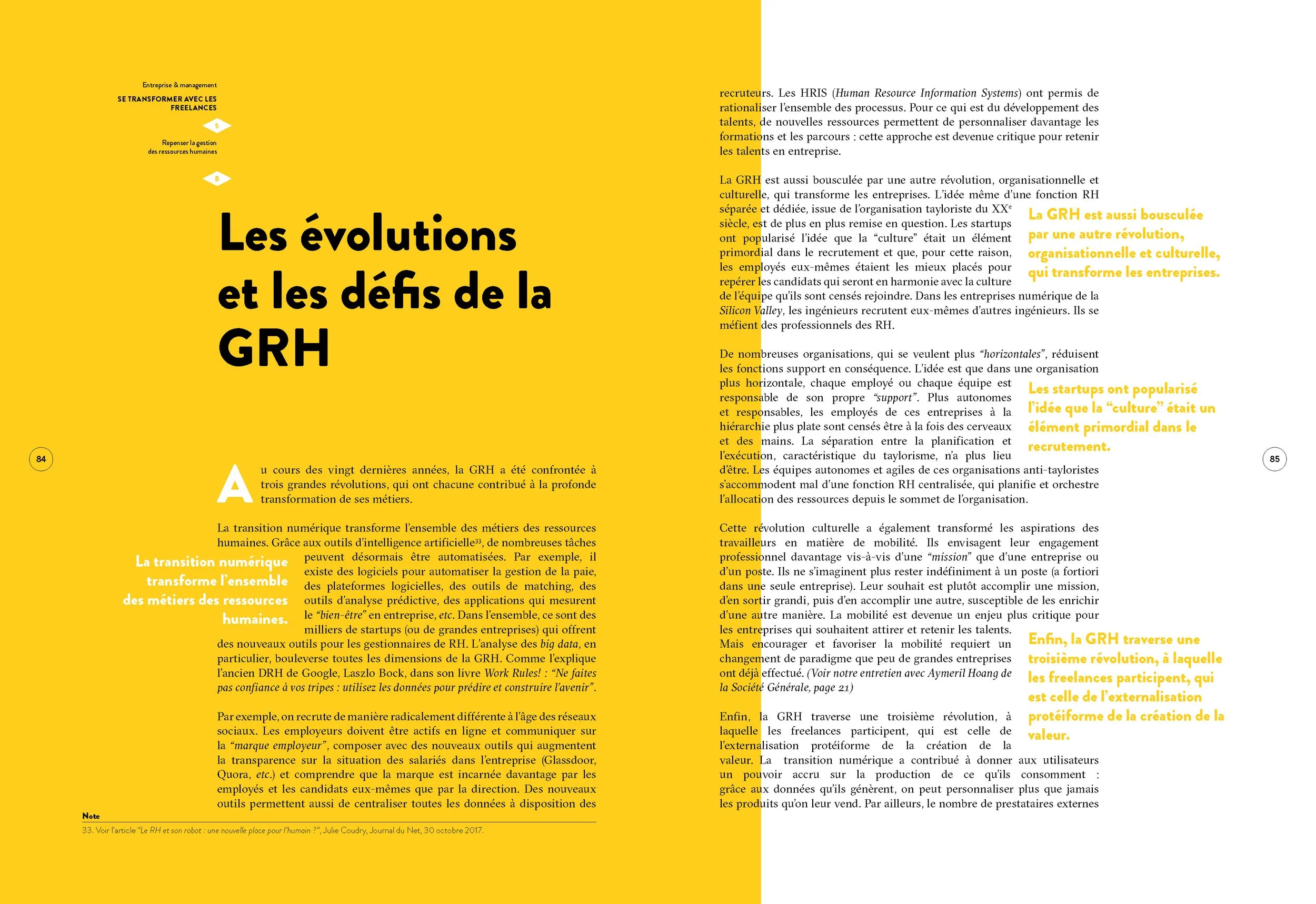 Page de magazine avec un titre en gras indiquant 'Les évolutions et les défis de la GRH', fond jaune, texte en français avec des passages en gras et en orange pour souligner des points clés, numéros de pages 84 et 85.