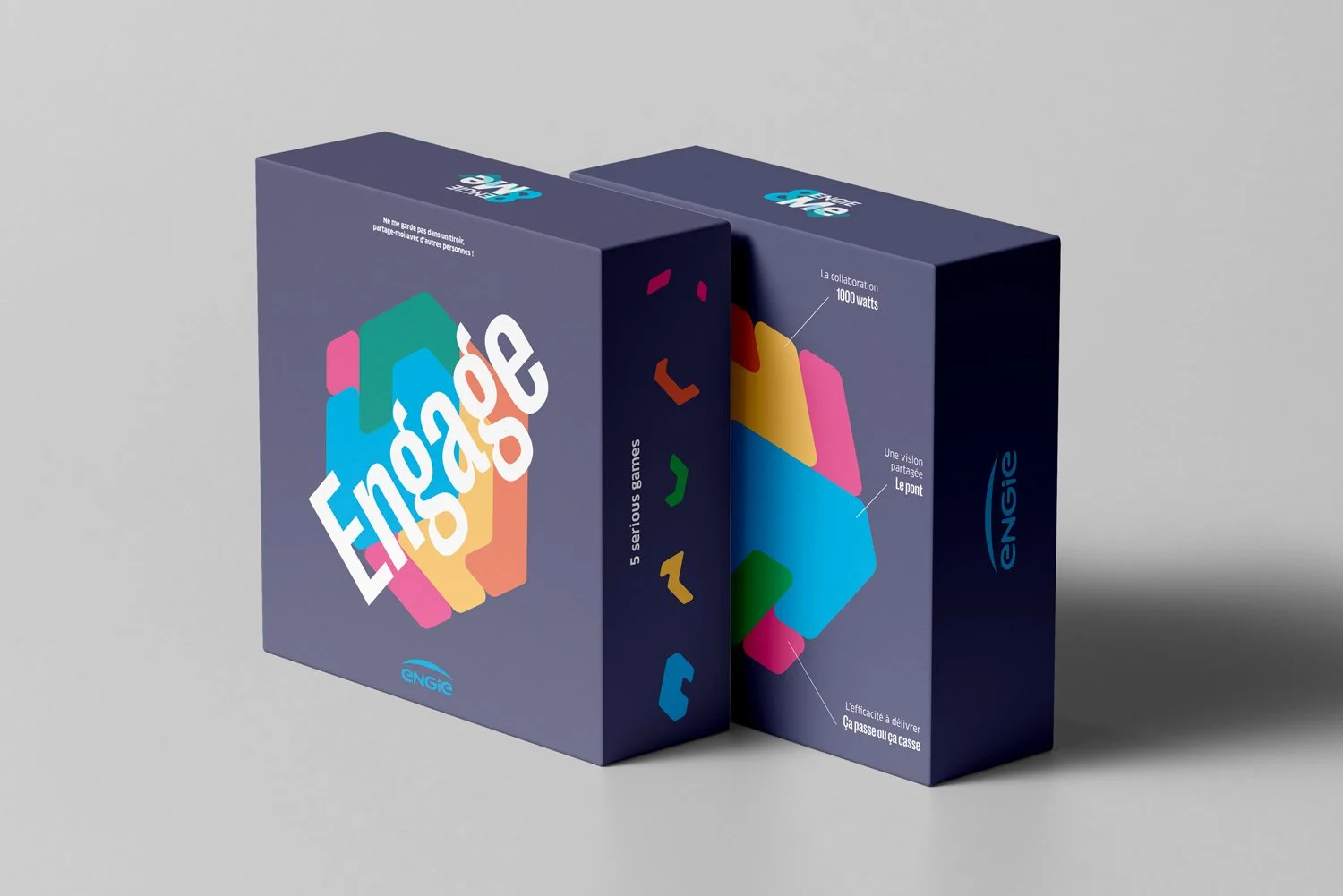 Deux boîtes de jeu ENGiE Endgame avec des graphismes colorés, un logo ENGiE et différentes informations en français sur le contenu