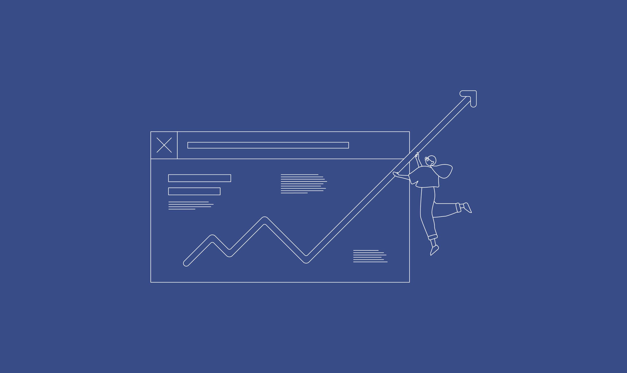 Une illustration linéaire d'un graphique en hausse avec une personne qui tient une longue perche pointant vers le haut, devant une fenêtre de navigateur web sur un fond bleu.