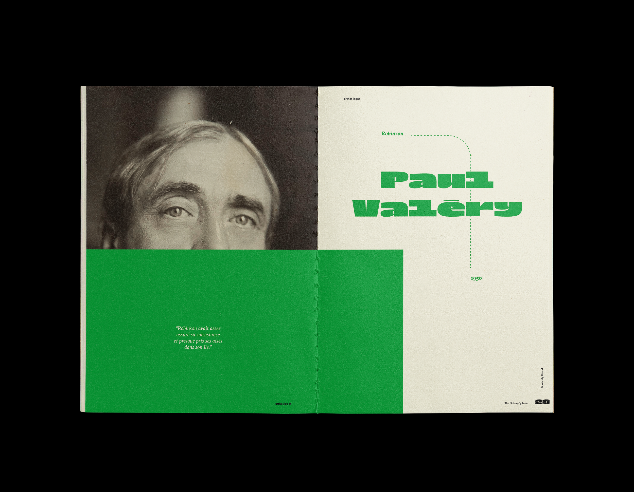 Page de couverture d'un magazine ou livre avec une photo noir et blanc d'un homme, le nom 'Paul Valéry' en vert, et un texte en français sur fond vert.