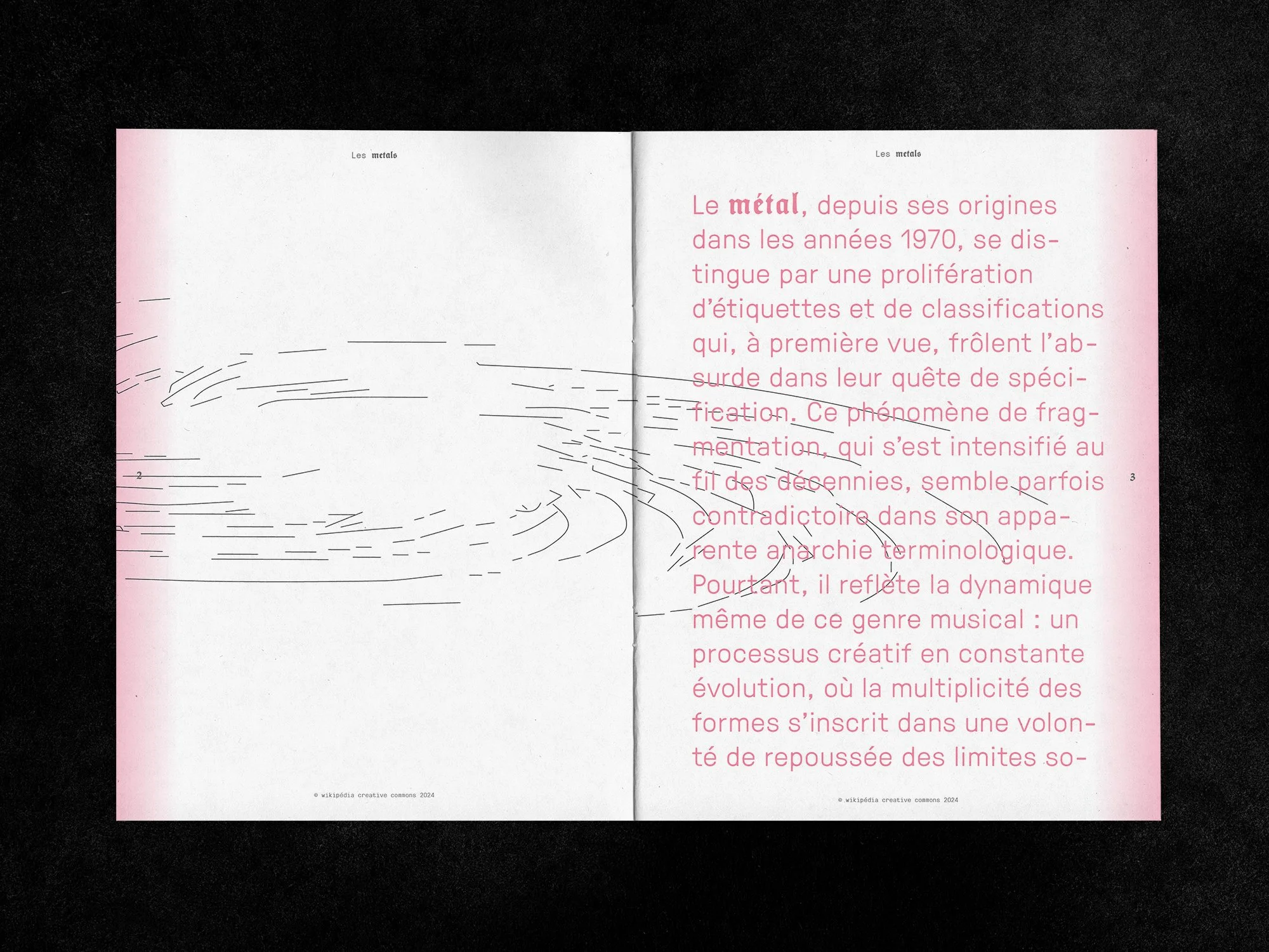 Page d'un livre avec un texte en français sur la gauche, une illustration de lignes abstraites semblant représenter un liquide ou un métal en mouvement, et une page rose avec texte en rose sur la droite.