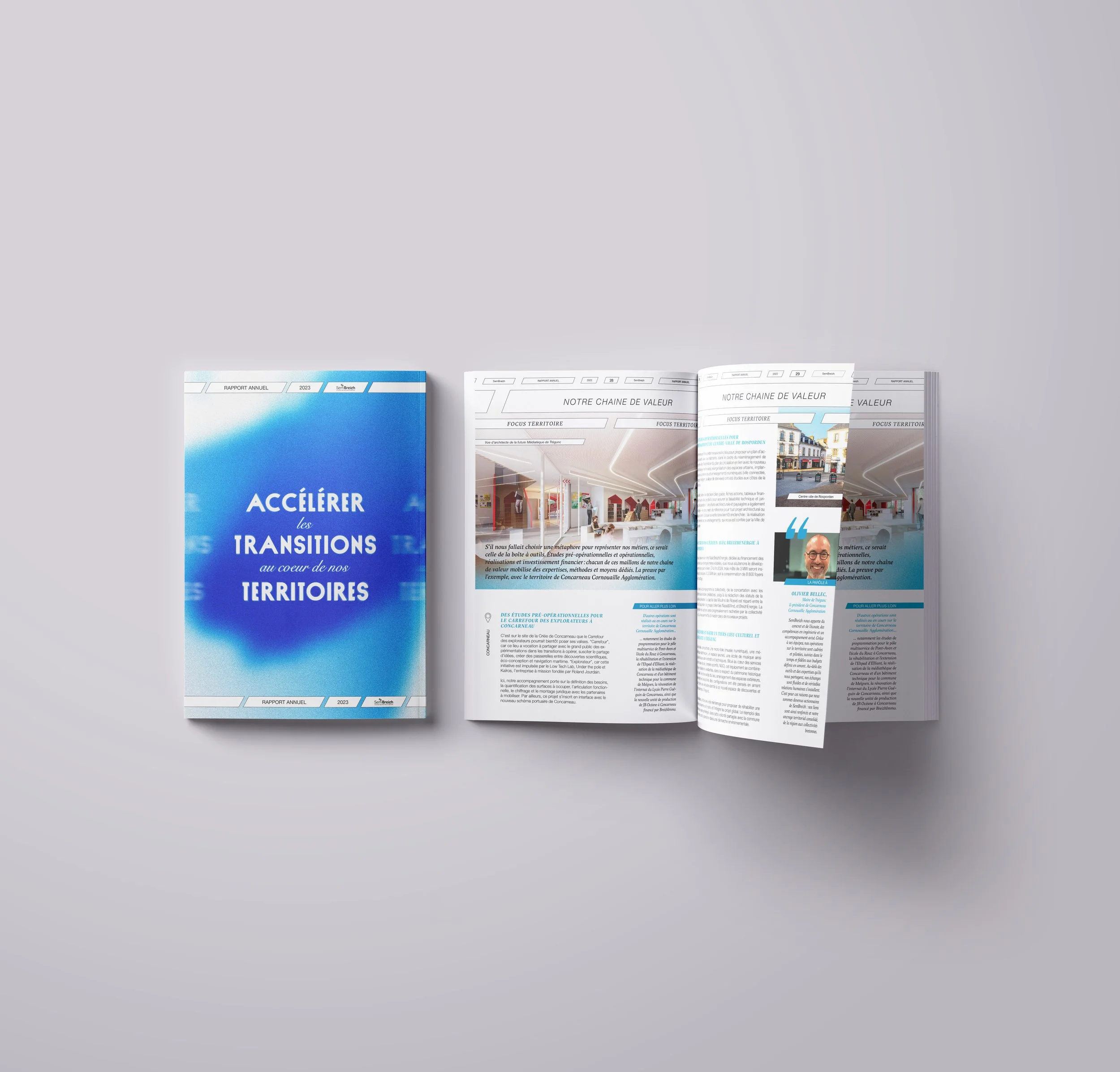 Couverture d'un rapport annuel intitulée "Accélérer les Transitions au cœur de nos Territoires" et pages intérieures avec articles, images de bâtiments et portrait d'un homme.