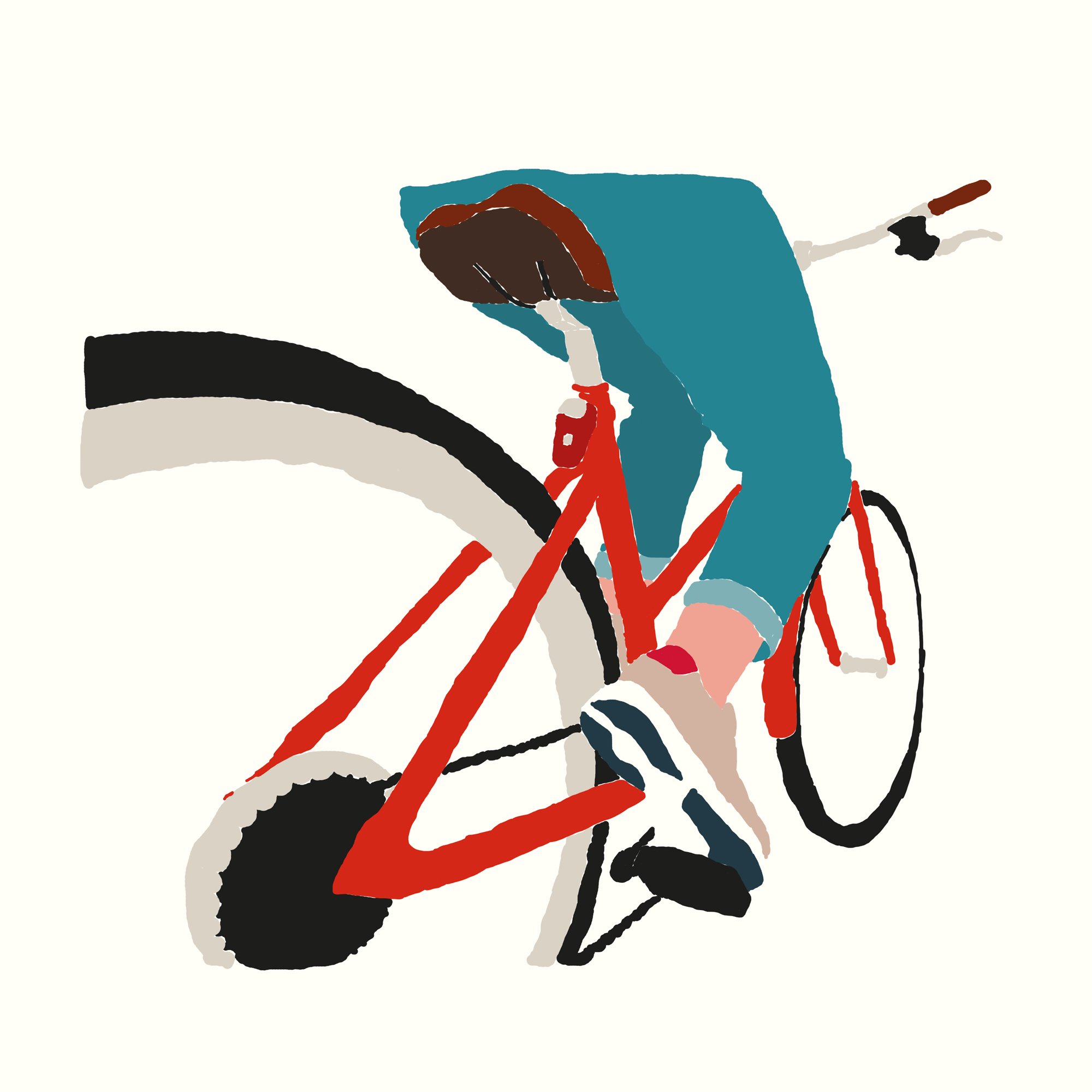 Une personne en hoodie bleu et jeans rougis fait du vélo rouge, vue de face, pédalant avec effort.