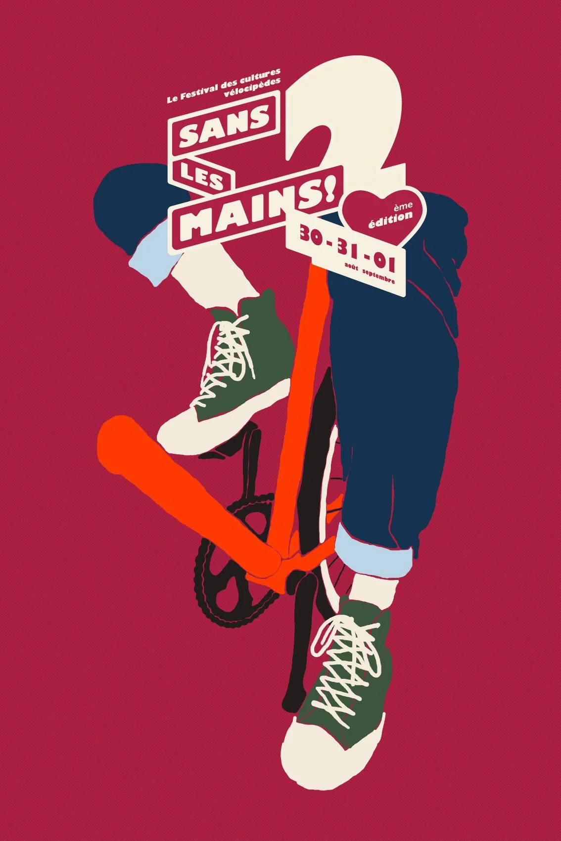 Affiche promotionnelle pour le Festival des Cultures Vélocipédiques, intitulé 'Sans les mains!' avec dates 30-31 août, 2024, édition 8, montrant la moitié inférieure d'une personne portant des chaussures de sport et un jean, debout sur un vélo.