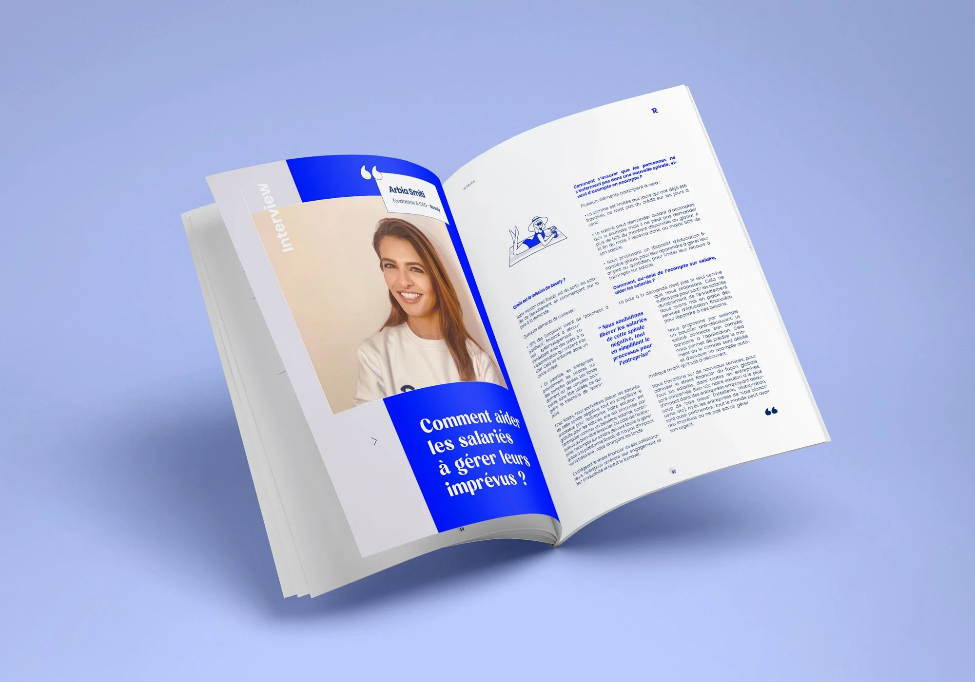 Un magazine ouvert montrant une interview d'une femme souriante avec la question en gros caractères bleus : "Comment aider les salariés à gérer leurs imprévus ?"