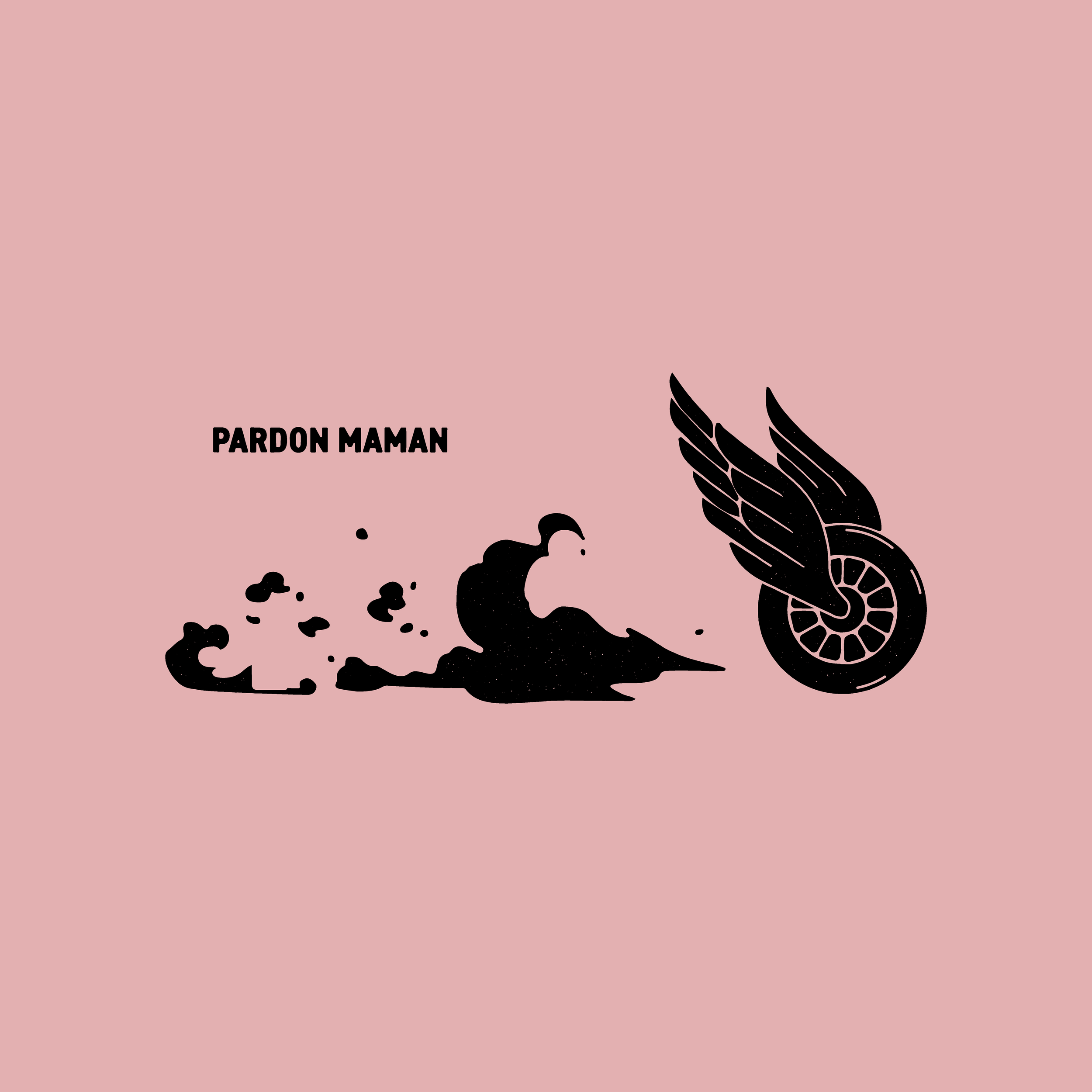 Une illustration de style minimaliste avec des éléments en noir sur fond rose. Il y a une explosion ou un nuage de fumée, un texte 'PARDON MAMAN' et une silhouette de volant d'aviation stylisé.