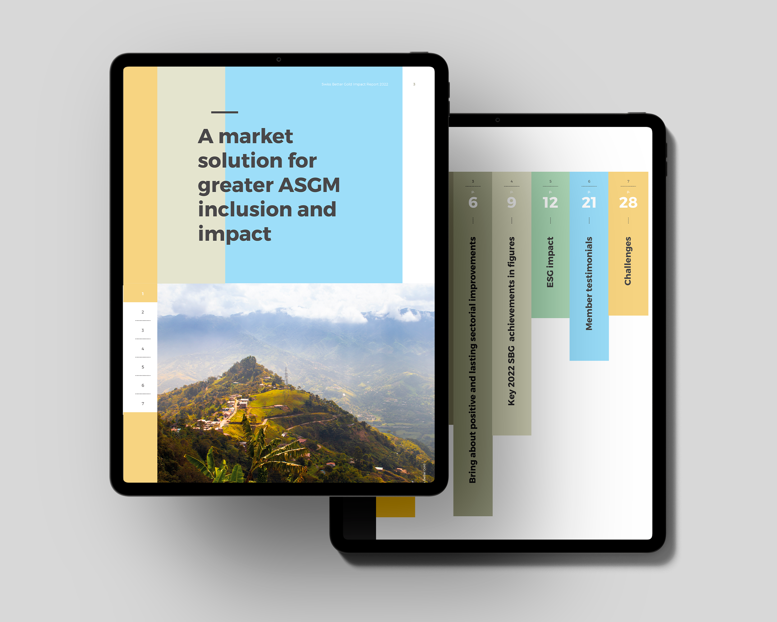 Deux tablettes numériques affichant des présentations PowerPoint avec des graphiques et une image de paysage mountainous, sur un fond gris clair.