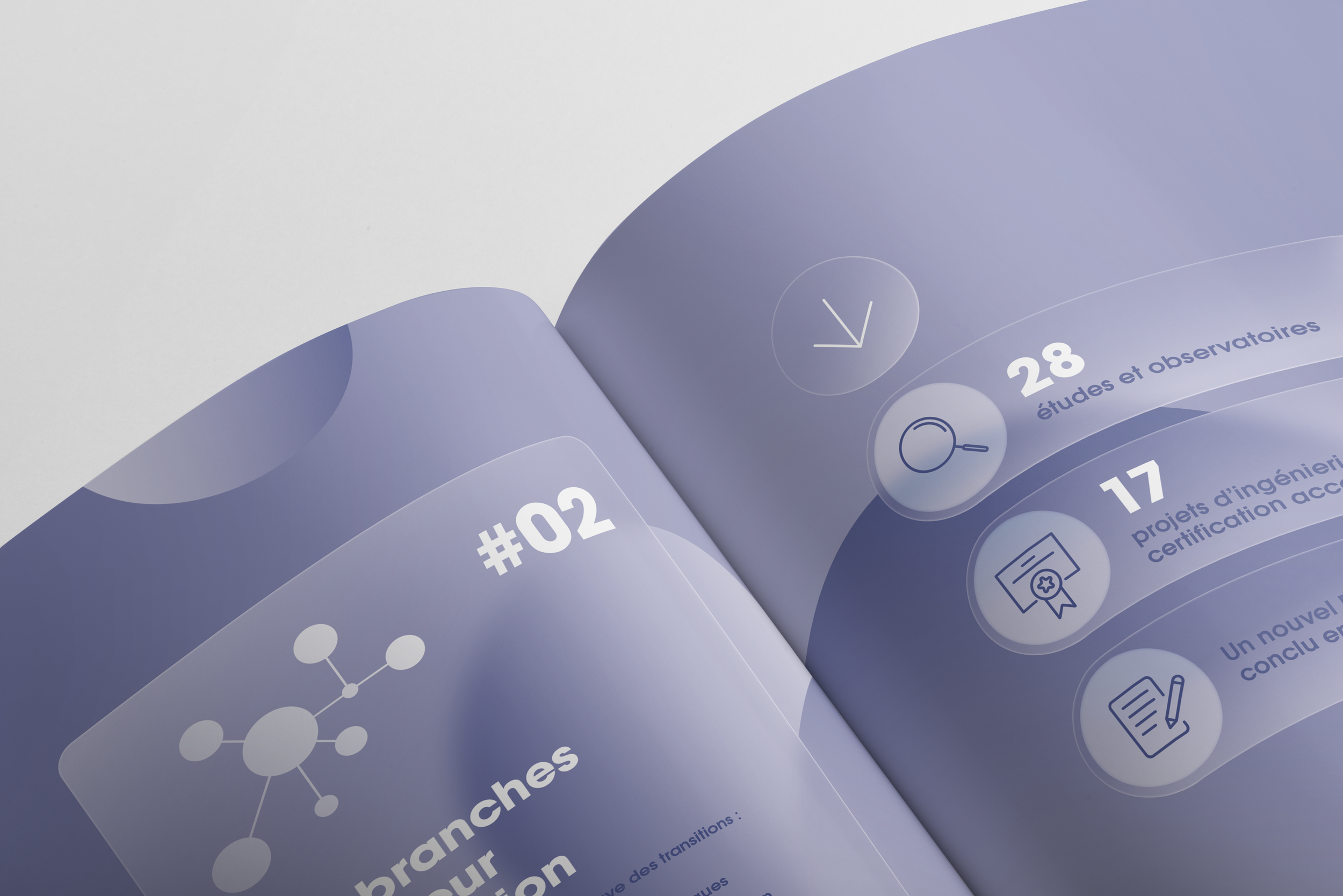 Page d'un rapport ou d'un brochure avec des icônes et du texte en français. Présentant le numéro 02, des données sur des branches de l'événement, et mentionnant 28 études et observations, 17 projets d'ingénierie avec certification, et un texte supplé