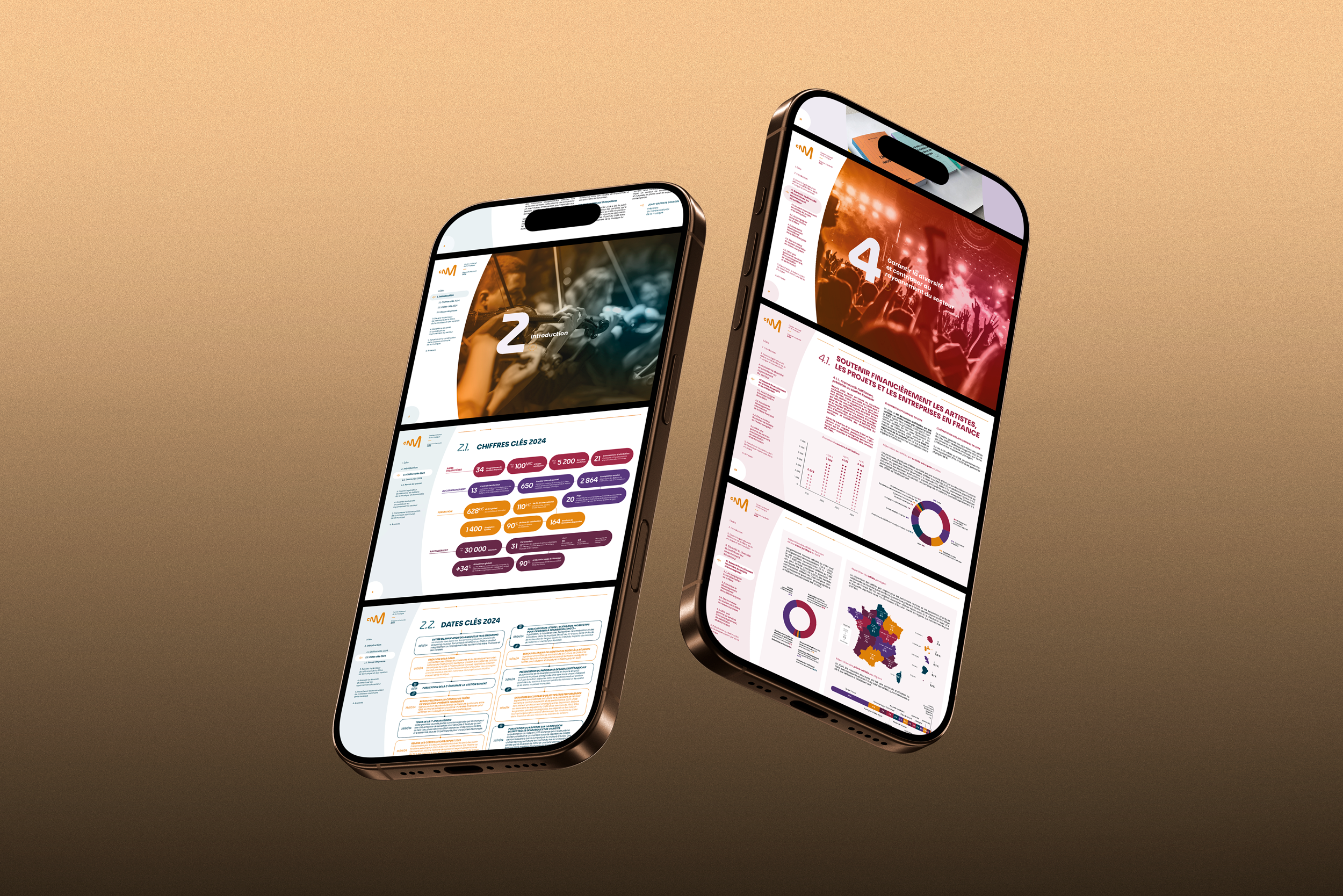 Deux smartphones affichant des documents avec des graphiques et du texte sur un fond beige