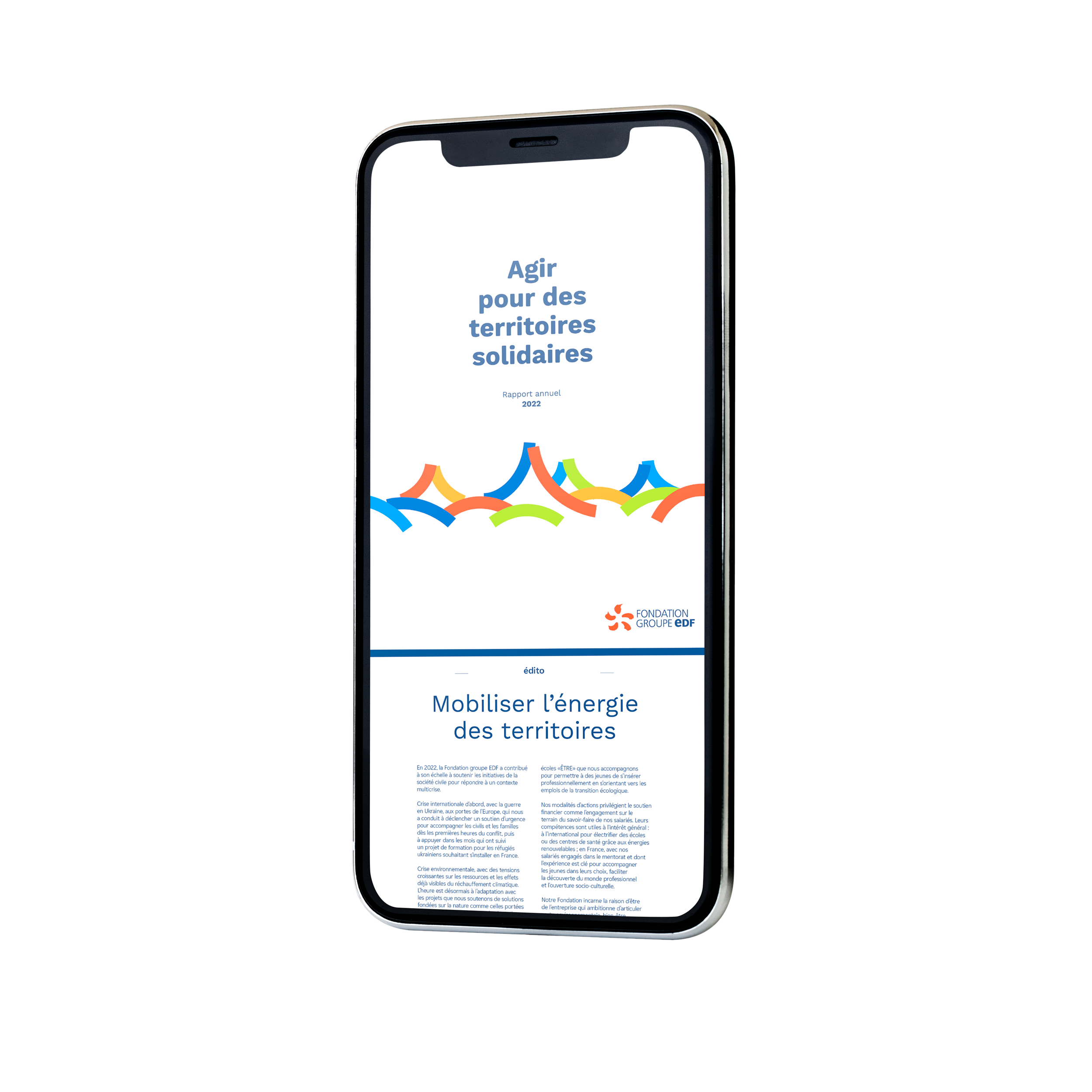 Page de rapport annuelle 2022 de la Fondation Groupe EDF avec le titre 'Agir pour des territoires solidaires' et une illustration de lignes colorées