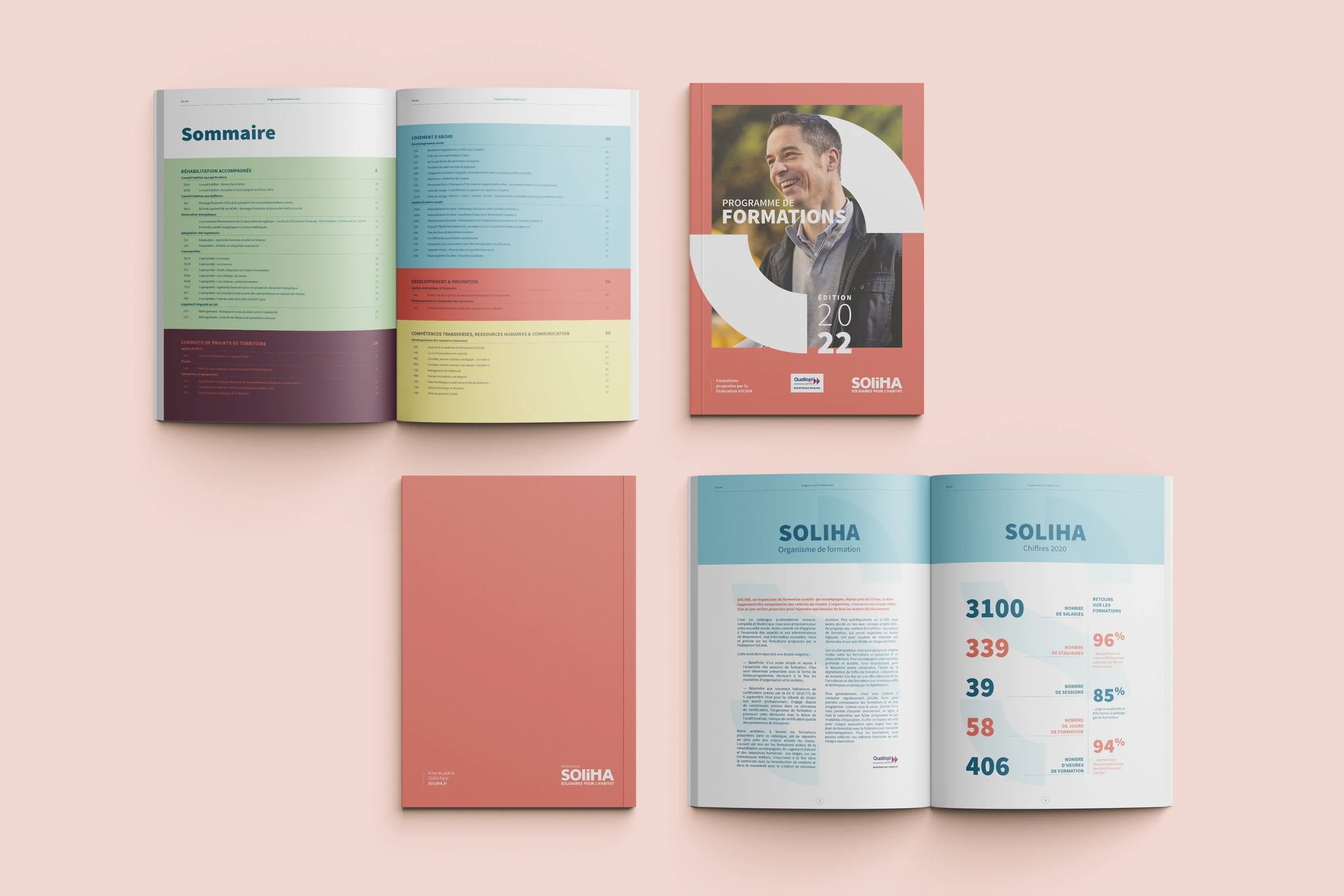 Un ensemble de brochures et catalogues éducatifs de la Soliha, organisation de formation, avec des pages ouvertes montrant des statistiques et un manuel, posés sur un fond rose pastel.
