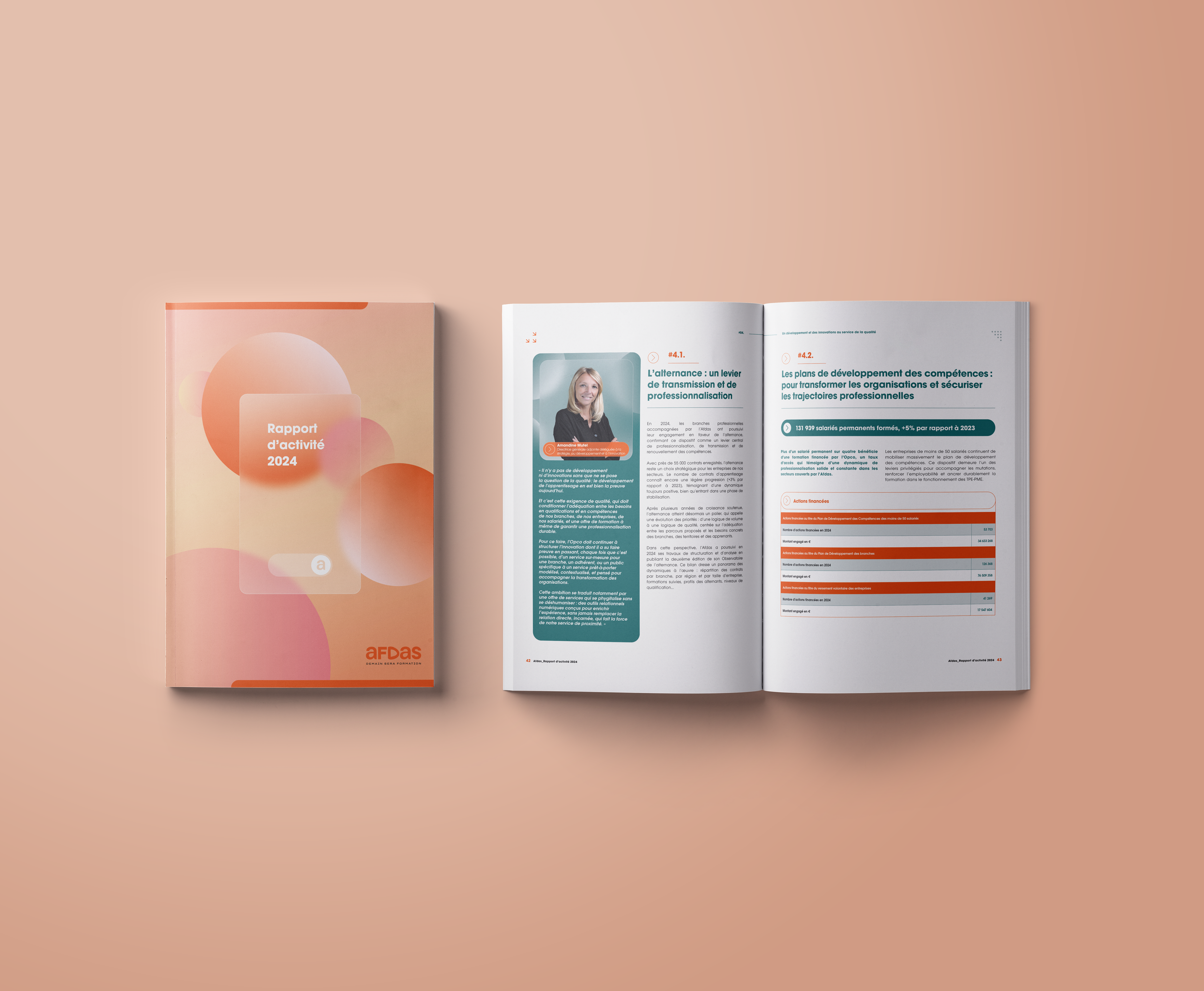 Couverture et pages intérieures d'un rapport d'activité 2024 avec des graphiques, texte et une photo d'une femme.